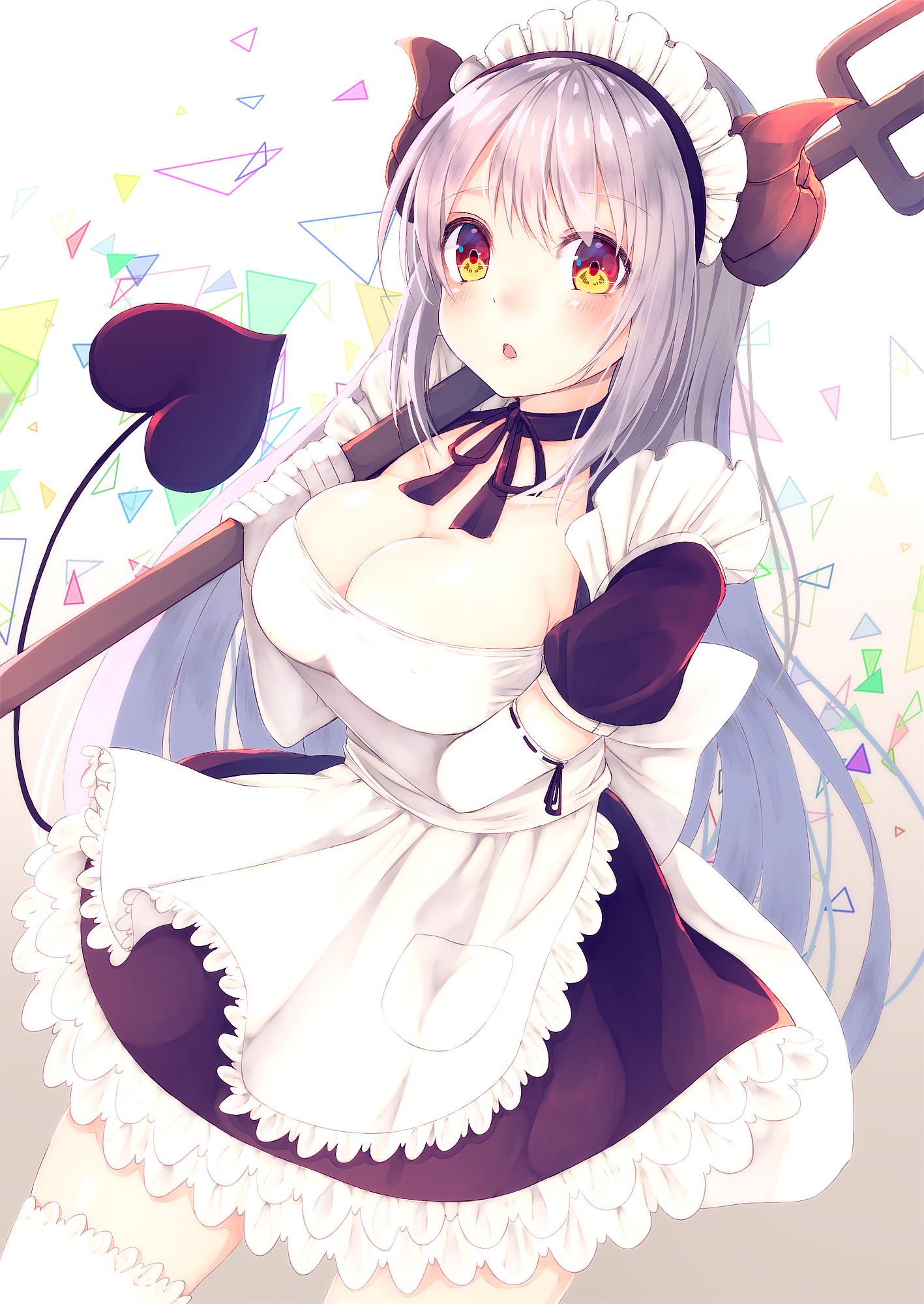 Anime 1417x2000 cleavage horns maid maid outfit tail weapon white background