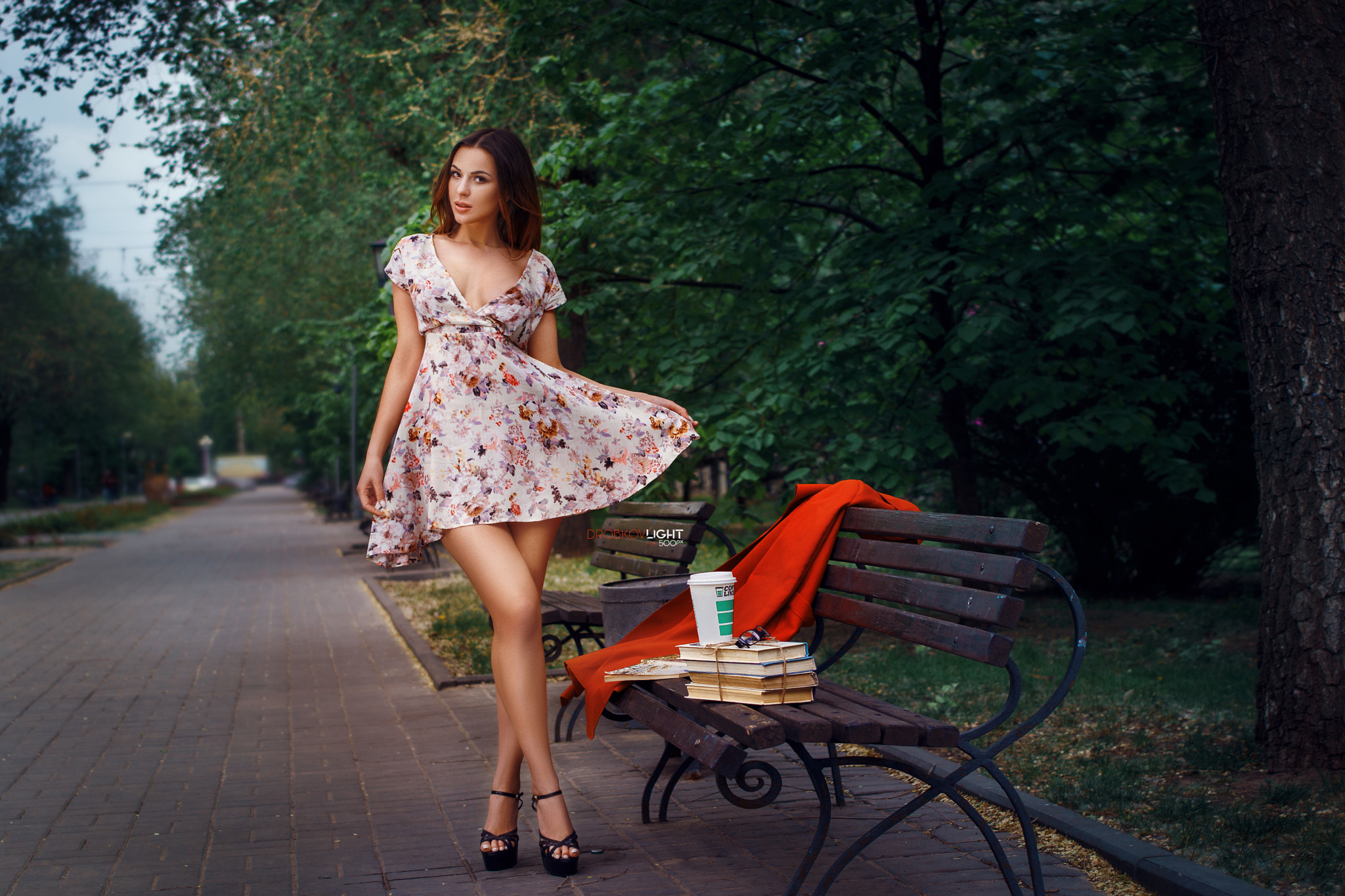 People 2048x1365 women dress books bench trees high heels park Alexander Drobkov summer  dress brunette women outdoors coats model flower dress