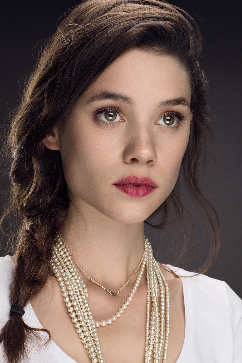 People 1000x1500 Astrid Berges-Frisbey women model brunette long hair dark hair French women French face classy red lipstick braids portrait studio makeup looking into the distance simple background