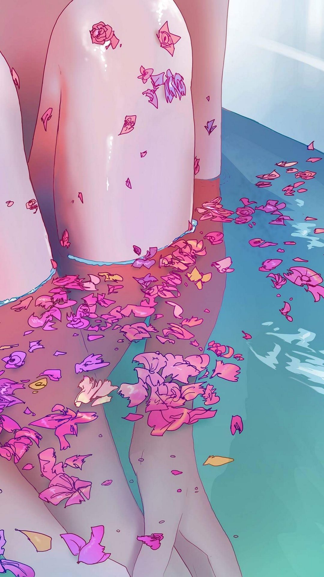 General 1080x1920 digital art flowers petals water legs in bathtub skinnyruitloop anime girls