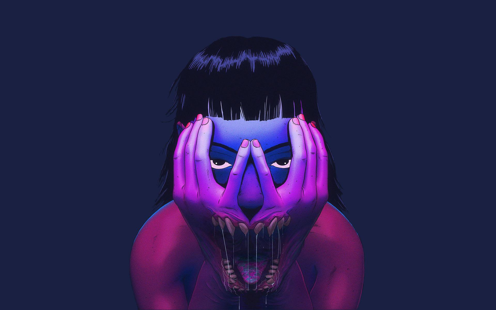General 1920x1200 artwork hand on face devil concept art simple background frontal view creepy open mouth saliva looking at viewer blue background