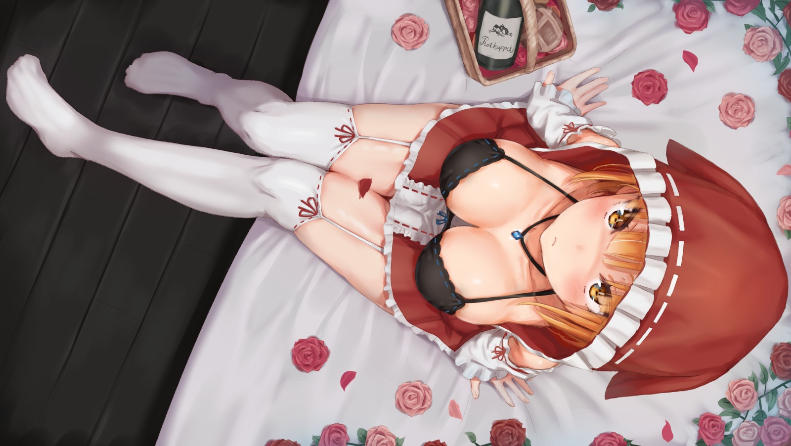 Anime 1600x902 anime girls artwork stockings underwear redhead rose drink flowers blushing bra hoods cleavage