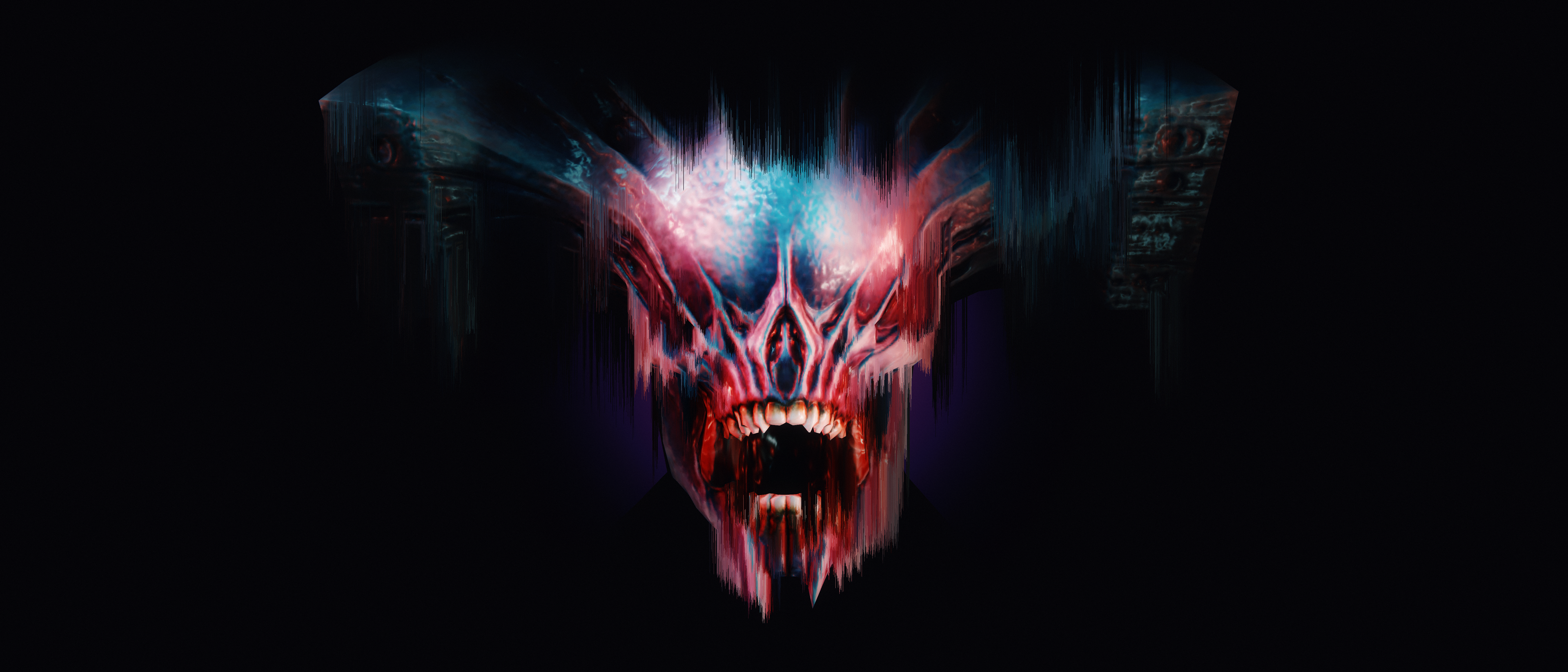 General 3840x1646 Doom (2016) reshade skull video games glitch art frontal view