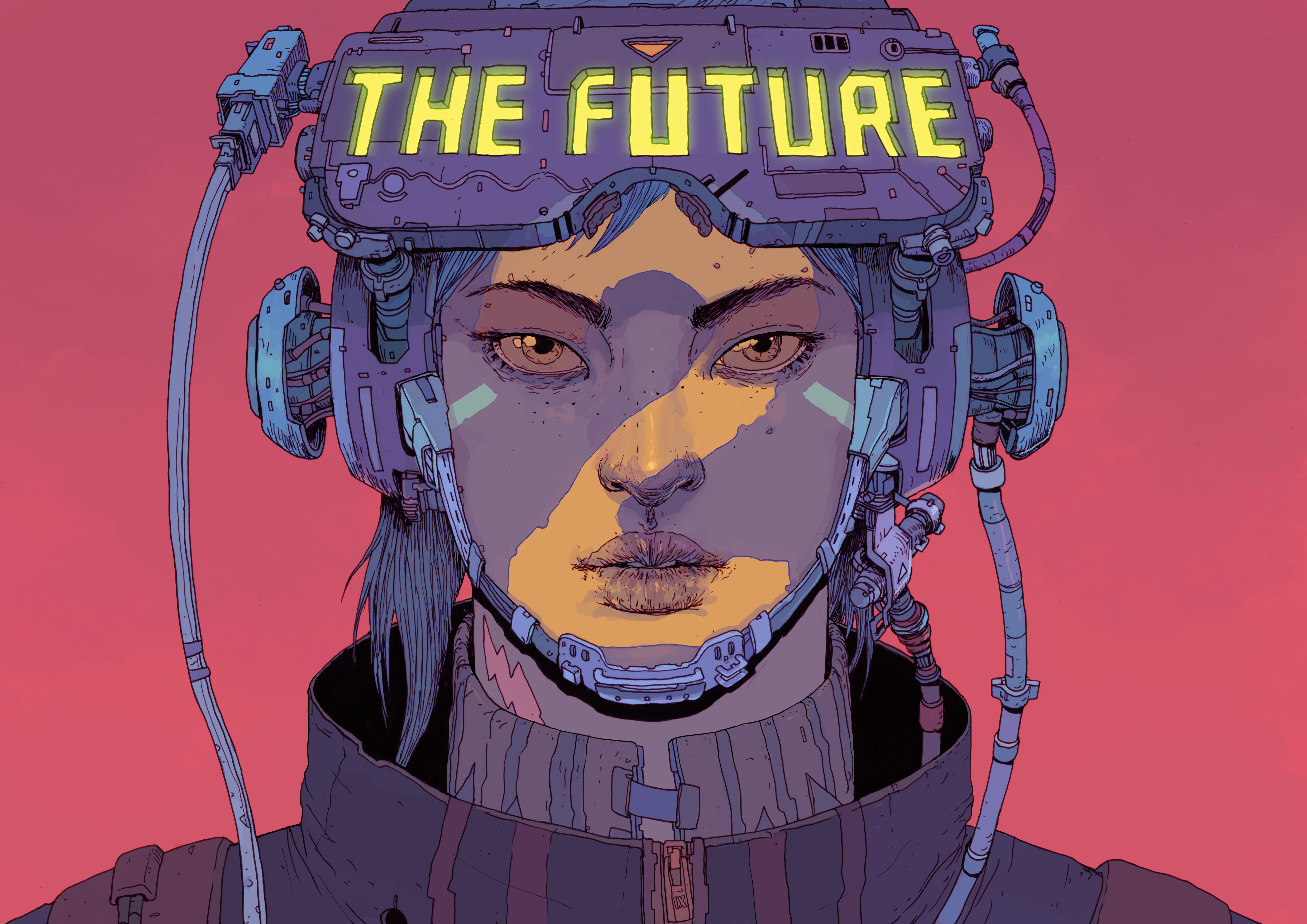 General 4955x3503 Josan Gonzalez cyberpunk artwork digital art science fiction simple background pink background women futuristic drawing frontal view portrait