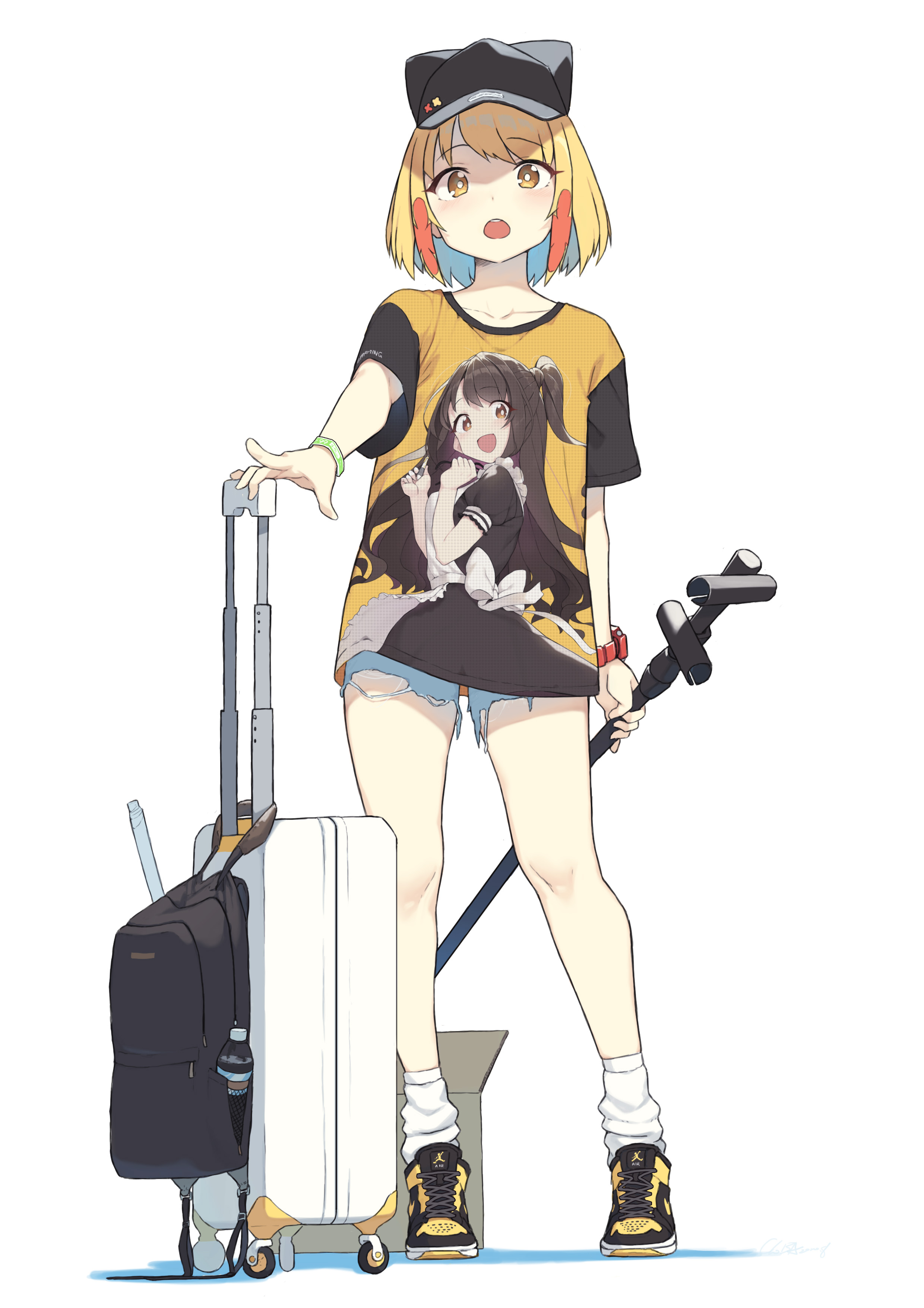 Anime 2480x3508 anime anime girls digital art artwork 2D portrait display blonde yellow eyes short hair T-shirt suitcase Cloba