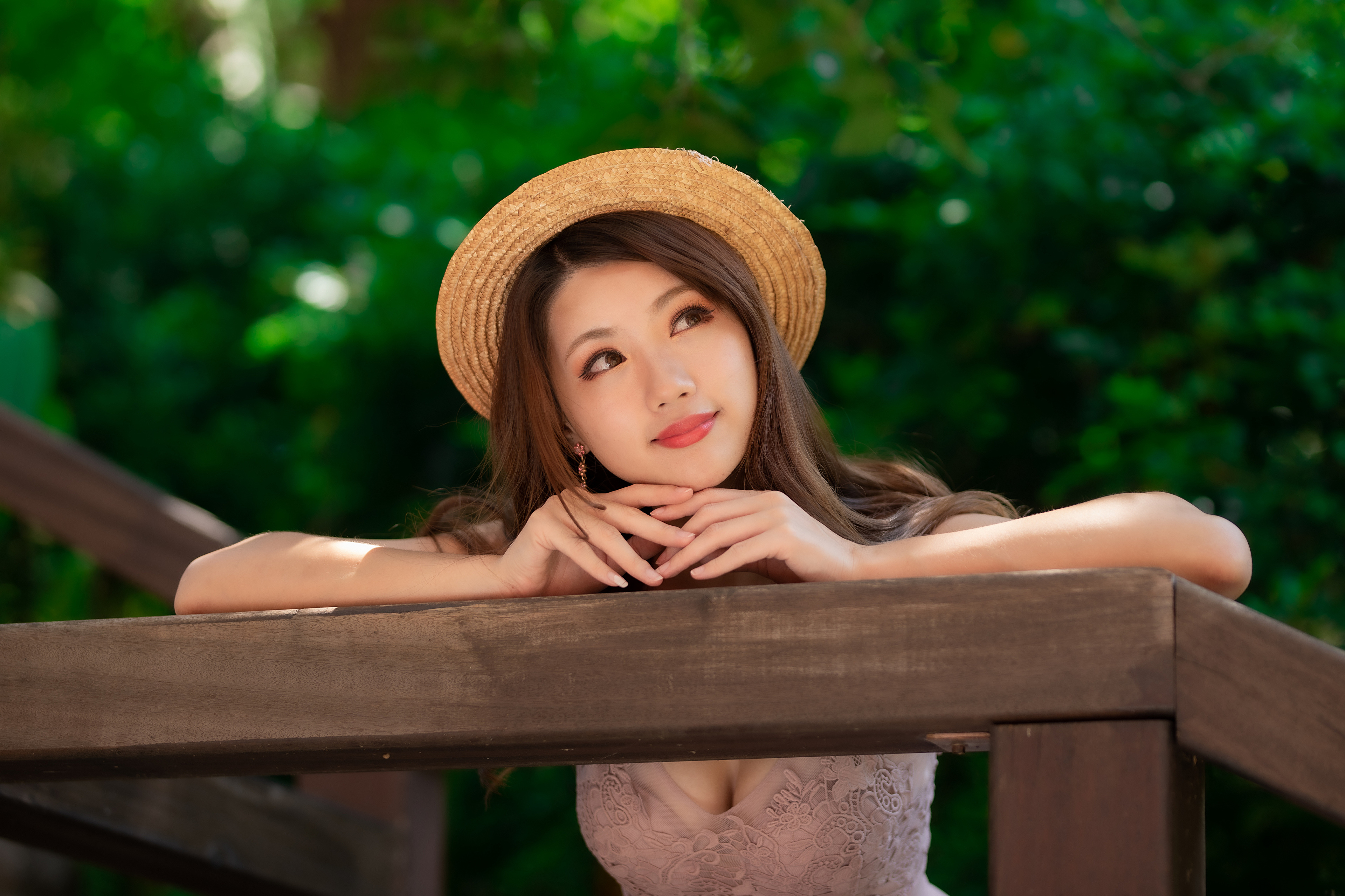 People 3840x2559 Asian model women long hair brunette straw hat leaning railing depth of field trees