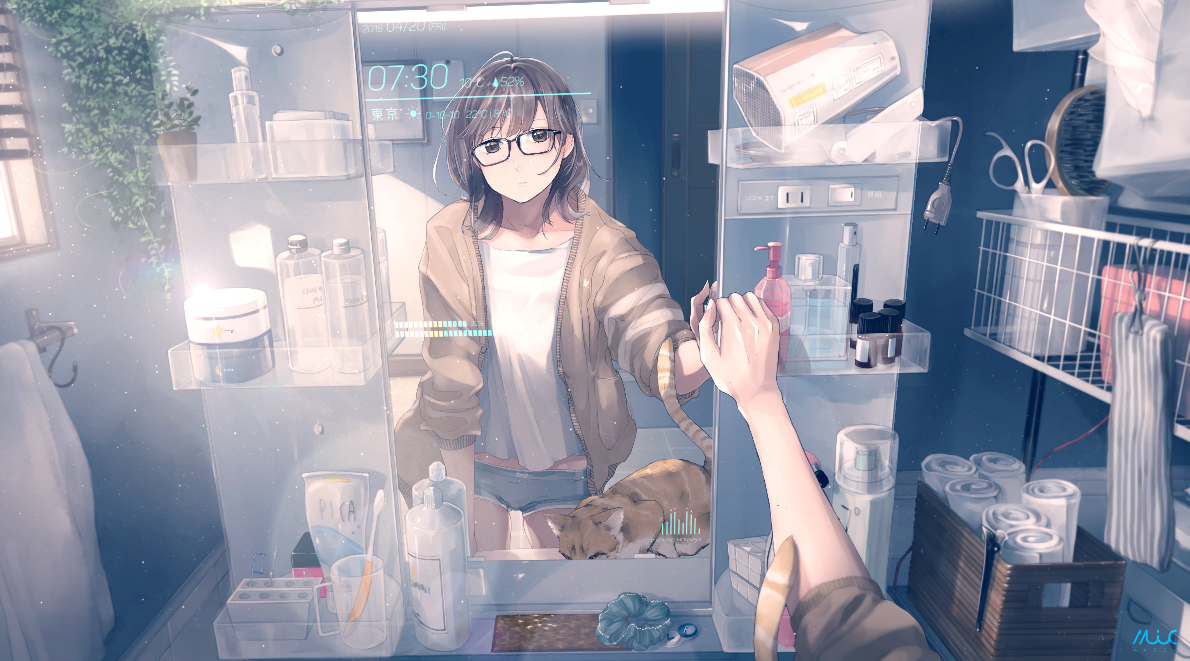 standing, Maeda Mic, anime, anime girls, mirror, reflection, cats, indoors  | 4093x2274 Wallpaper 