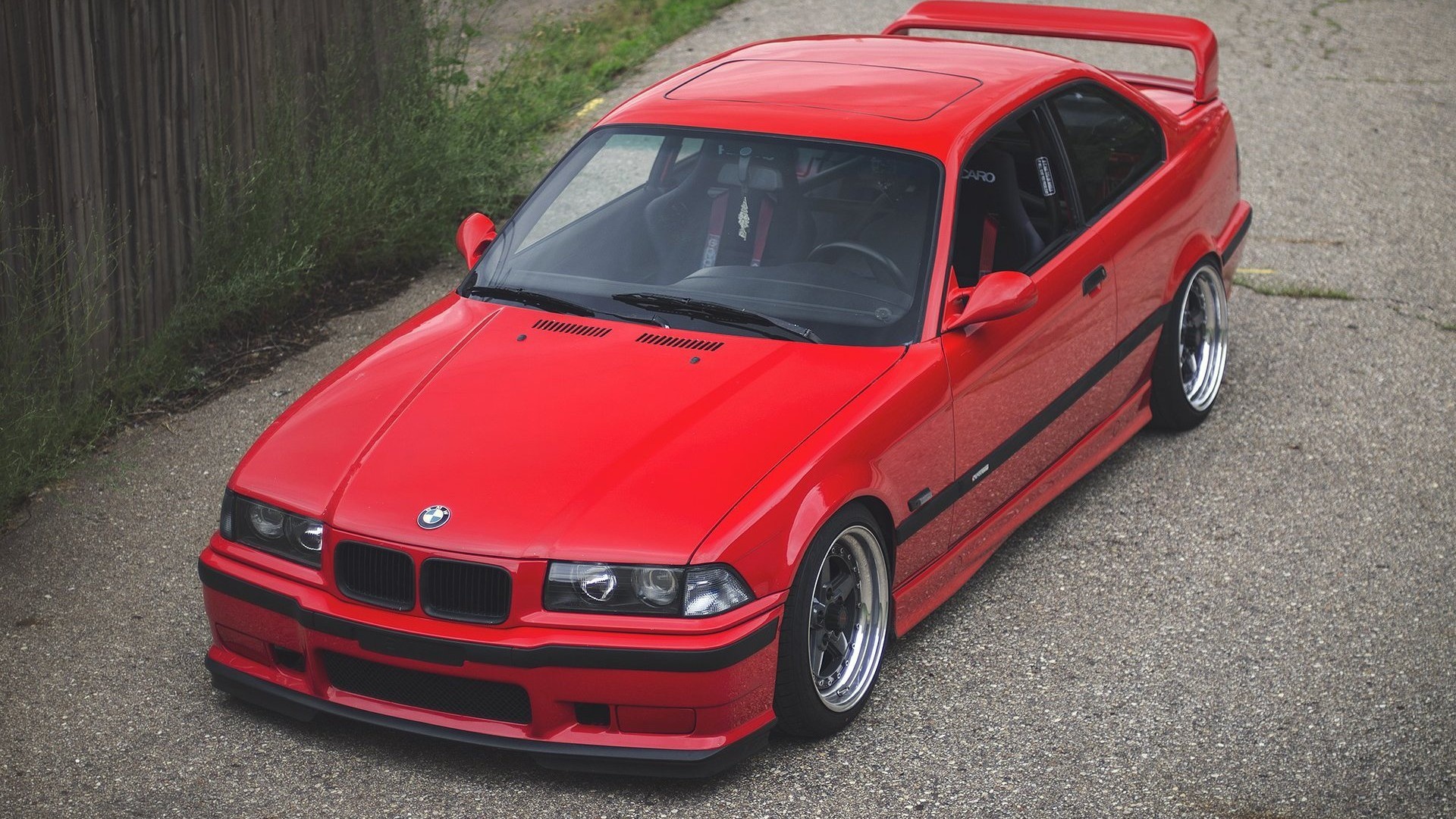 General 1920x1080 car vehicle BMW BMW E36 BMW 3 Series high angle red cars rear wing German cars grass