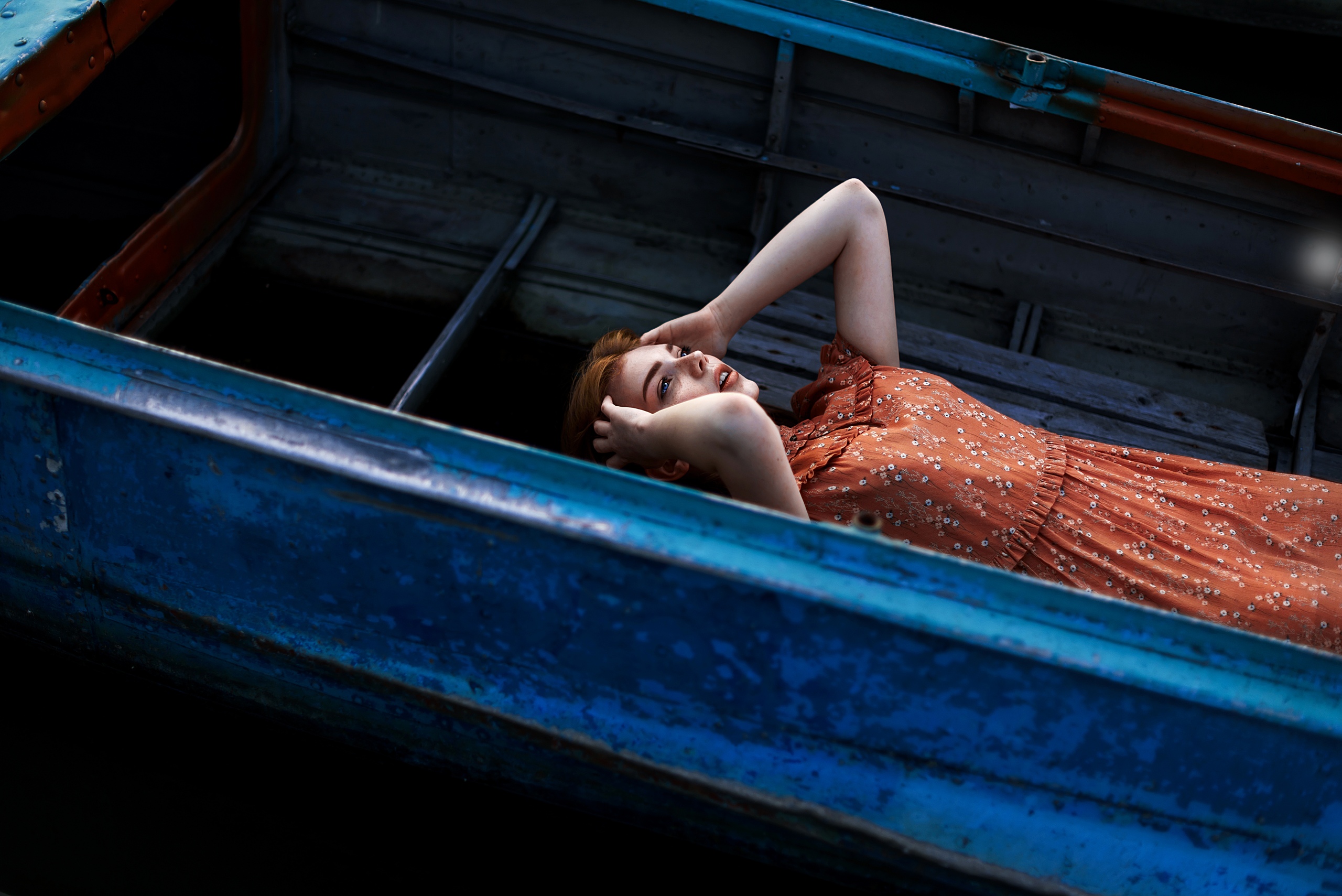 People 2560x1709 women model portrait women outdoors looking up lying on back boat dress Juliana Naidenova high angle