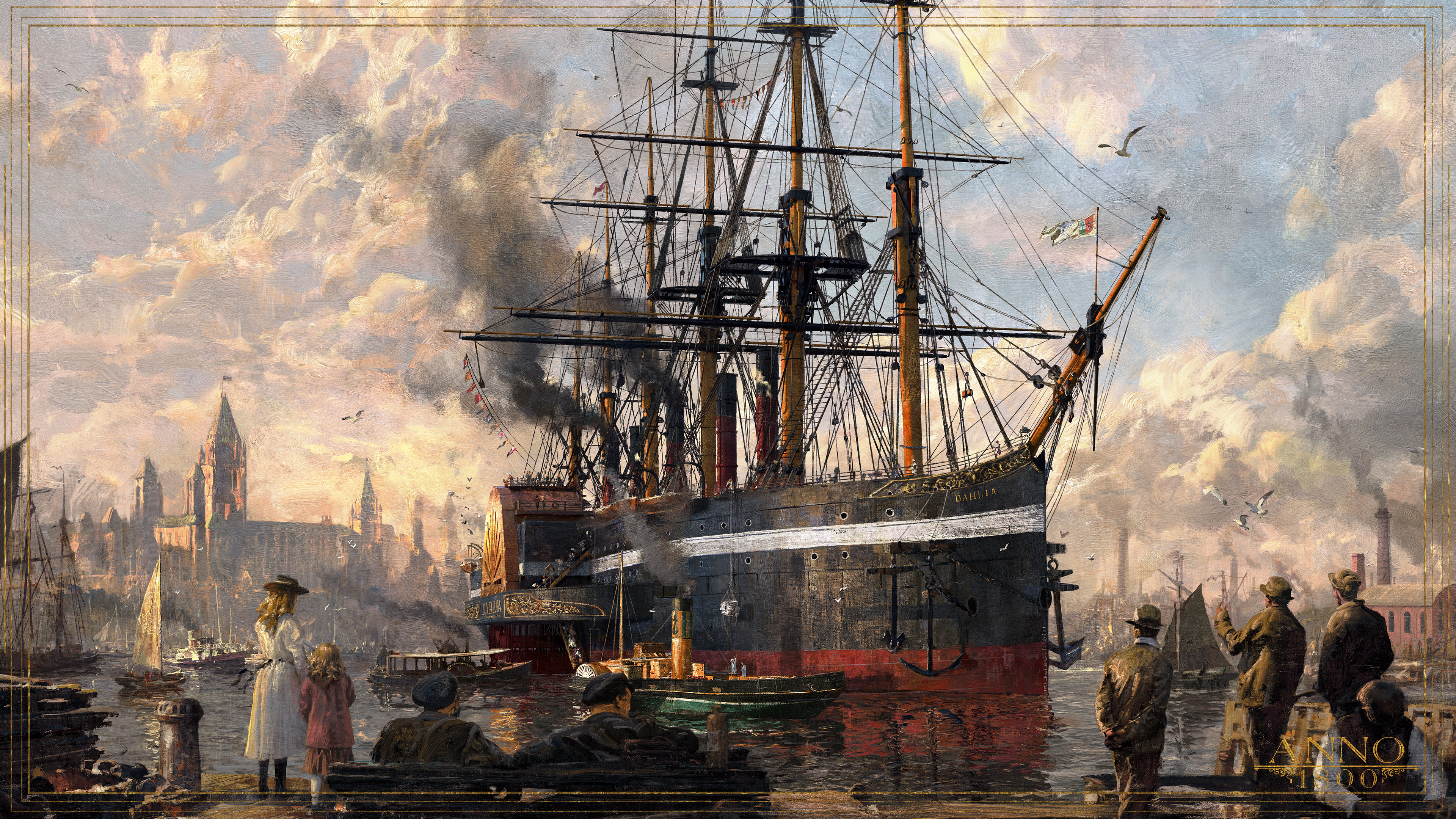 General 3840x2160 Anno 1800 1800s digital art concept art ship harbor steam ship pier London artwork Ubisoft