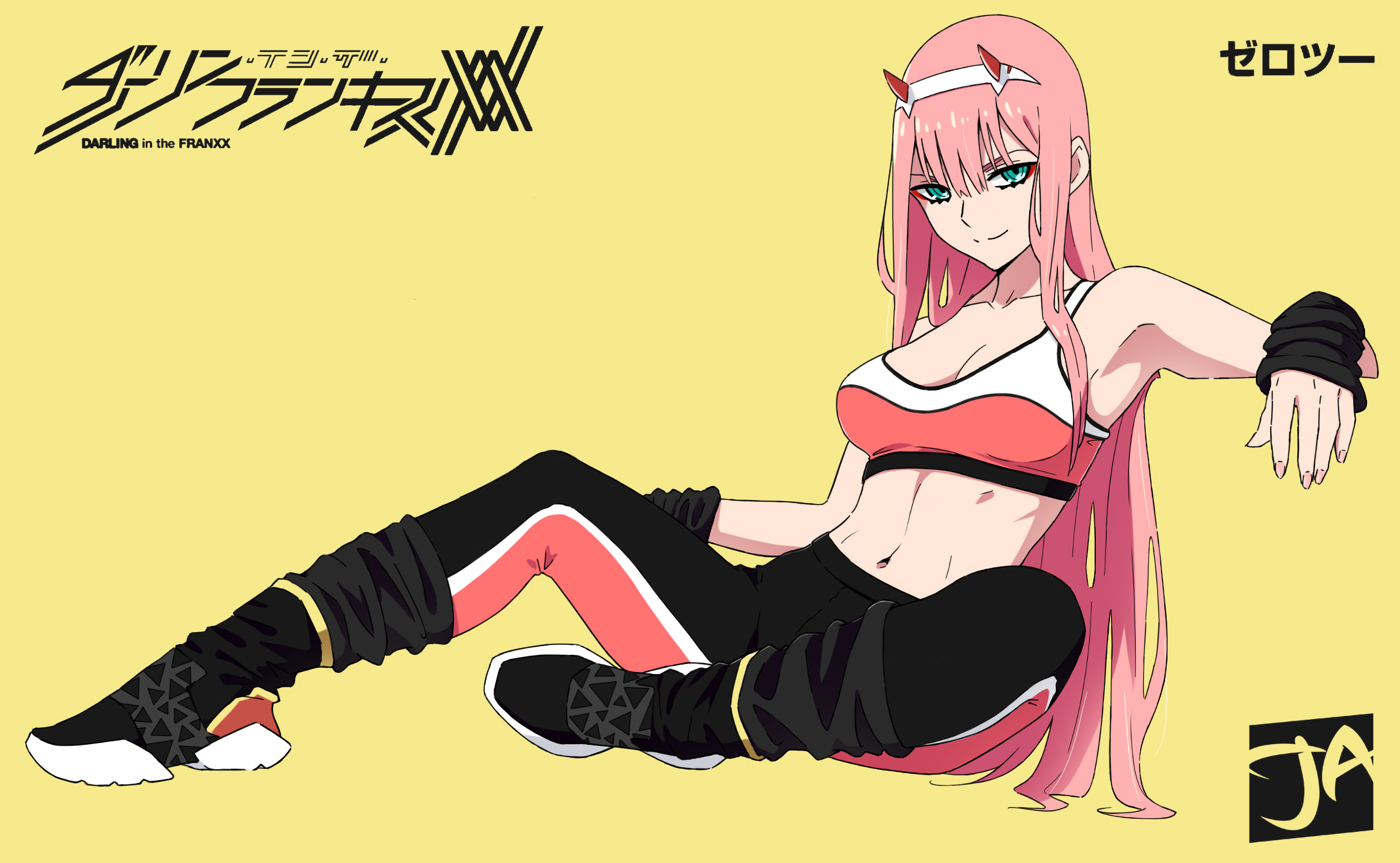Anime 2688x1657 Zero Two (Darling in the FranXX) Darling in the FranXX anime girls simple background yellow background pink hair long hair horns fan art digital art logo Reebok sports bra sportswear yoga pants J Adsen 2D thighs belly button pink nails cleavage
