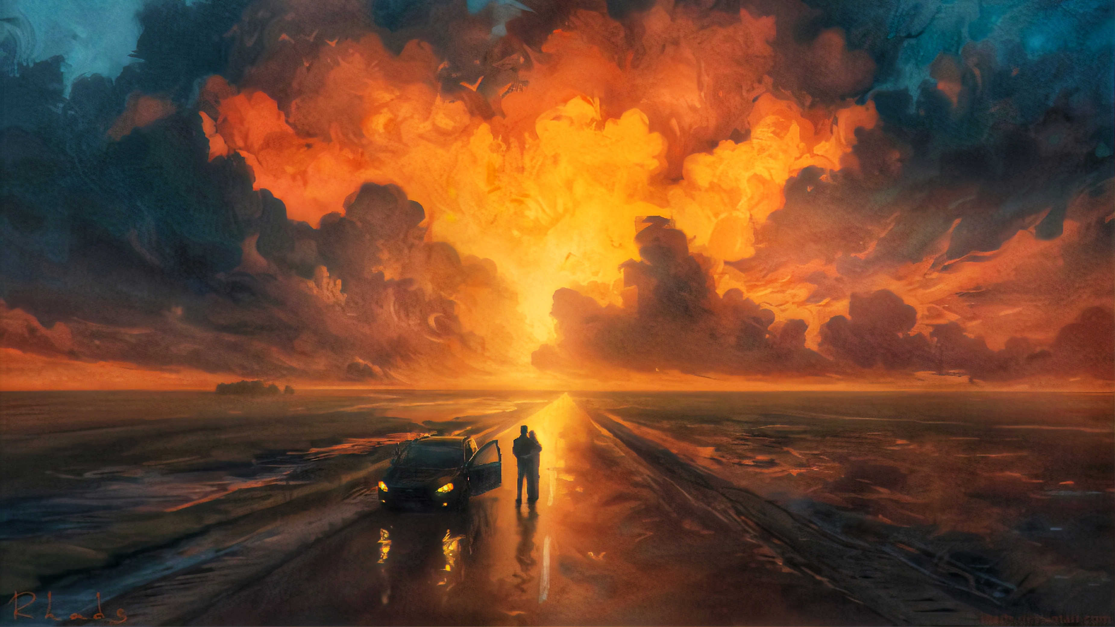 General 3700x2081 illustration sky sunset car painting artwork fantasy art RHADS vehicle road Artem Chebokha couple long road orange