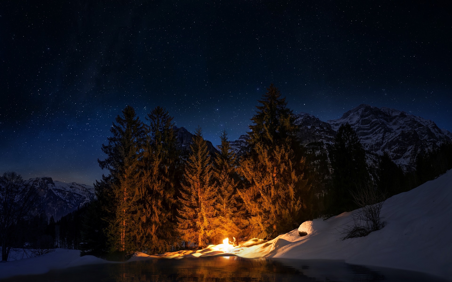 General 1920x1200 nature forest trees stars sky snow winter campfire