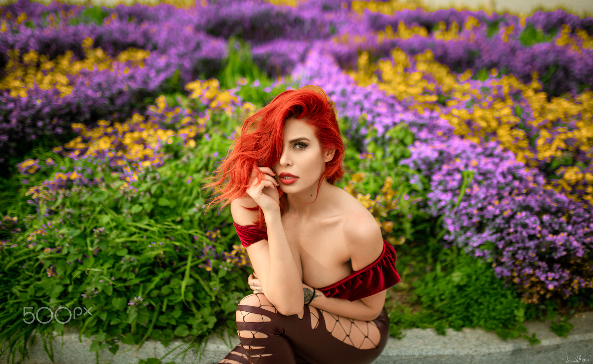 People 2048x1258 women redhead long hair cleavage brown eyes flowers women outdoors fishnet hair in face sideboob bare shoulders face portrait no bra torn clothes red lipstick Kaan Altindal plants dyed hair