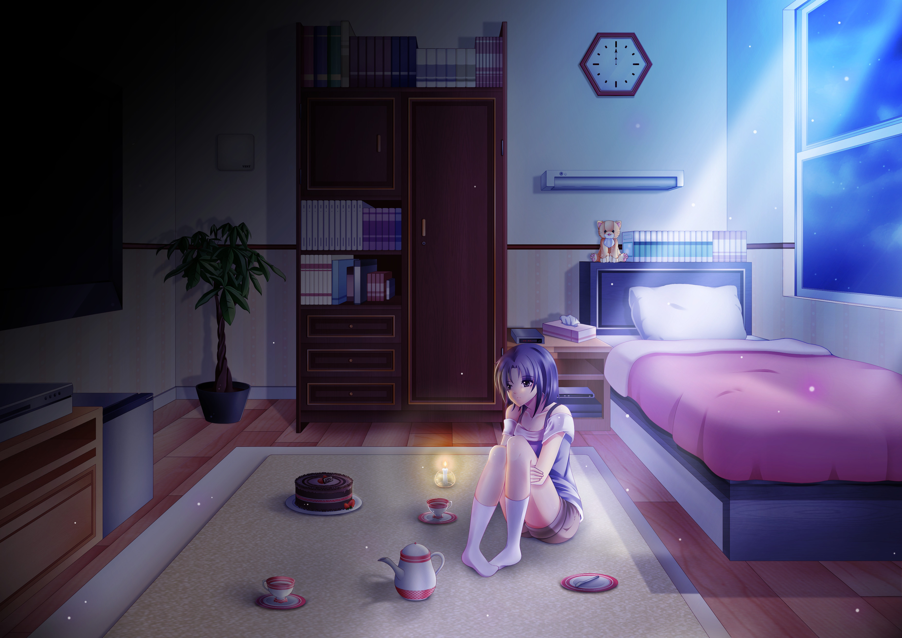 Anime 3508x2480 anime anime girls room teapot purple hair