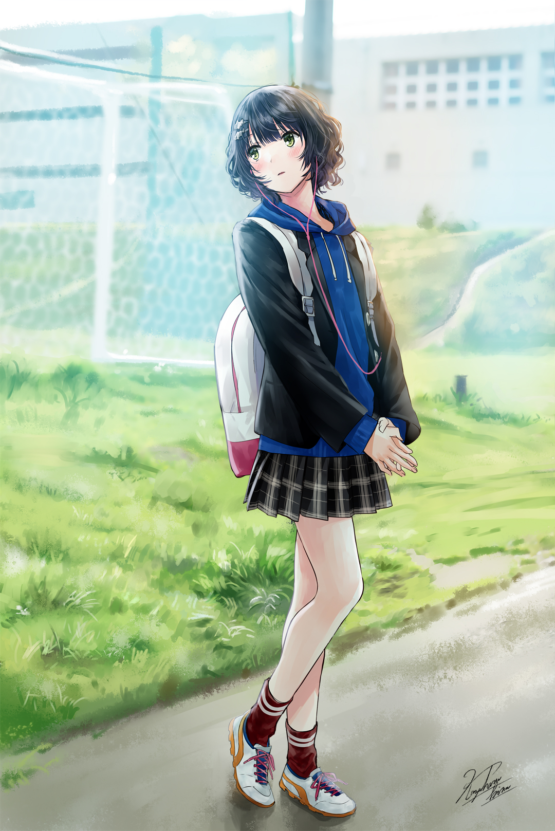 Anime 1080x1617 anime anime girls original characters short hair dark hair school uniform green eyes Kazuharu Kina