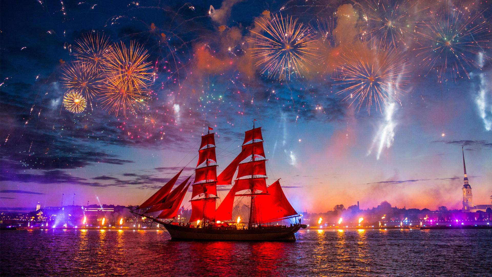 General 1920x1080 Scarlet Sails ship St. Petersburg fireworks Russia