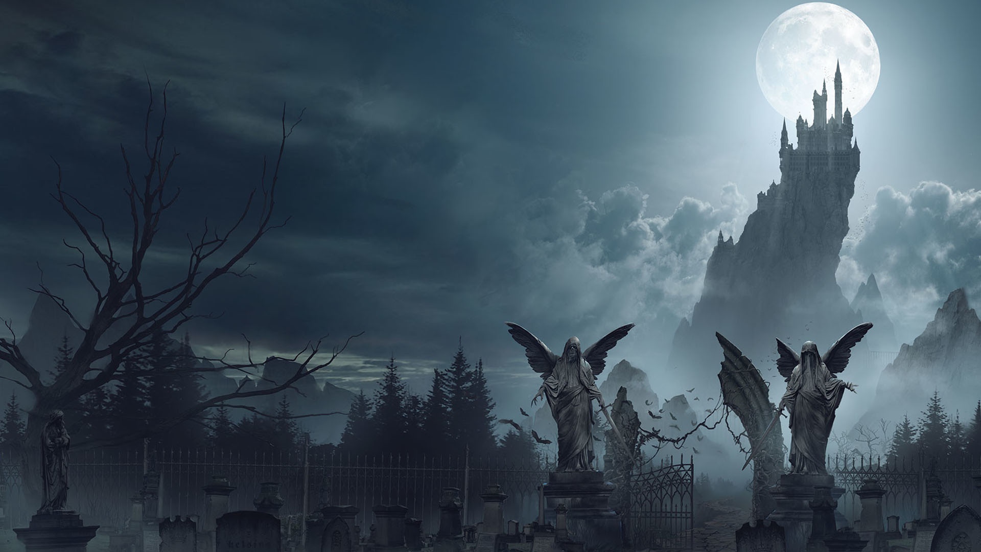 General 1920x1080 fantasy art night sky castle artwork Moon graveyards
