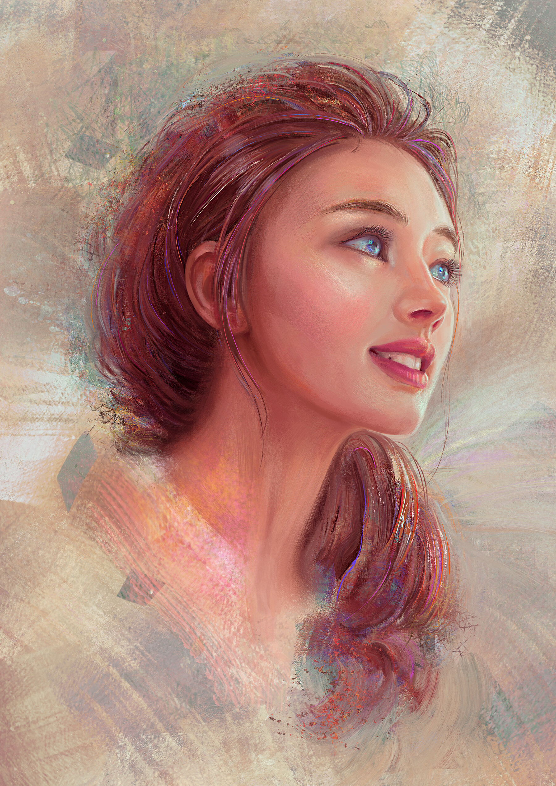General 1800x2546 redhead blue eyes looking away smiling long hair portrait display artwork painting illustration face Mandy Jurgens drawing looking into the distance portrait