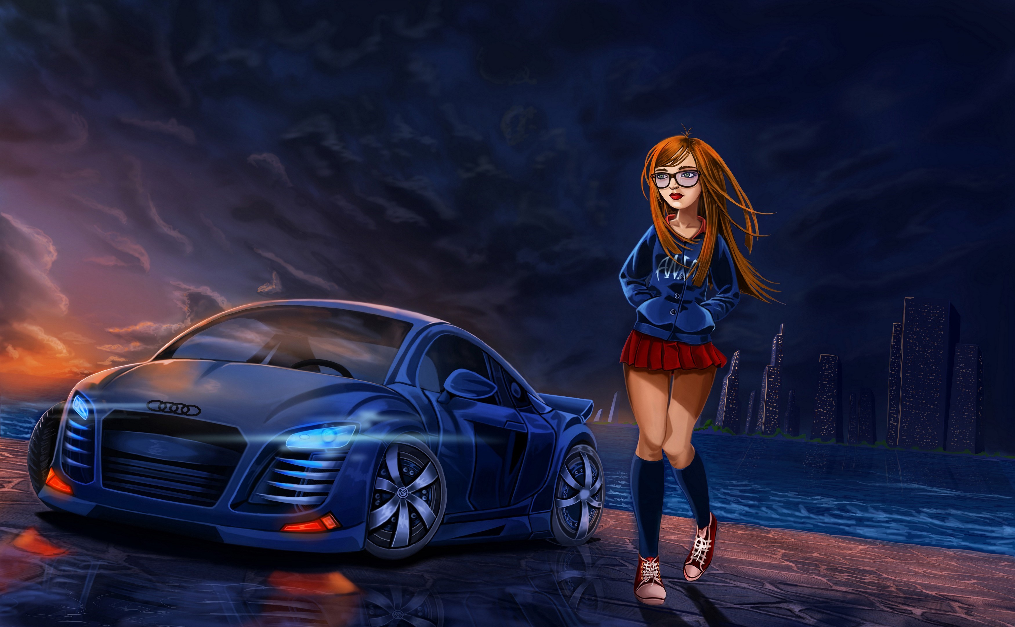 General 3500x2161 artwork Audi car miniskirt women vehicle blue cars digital art