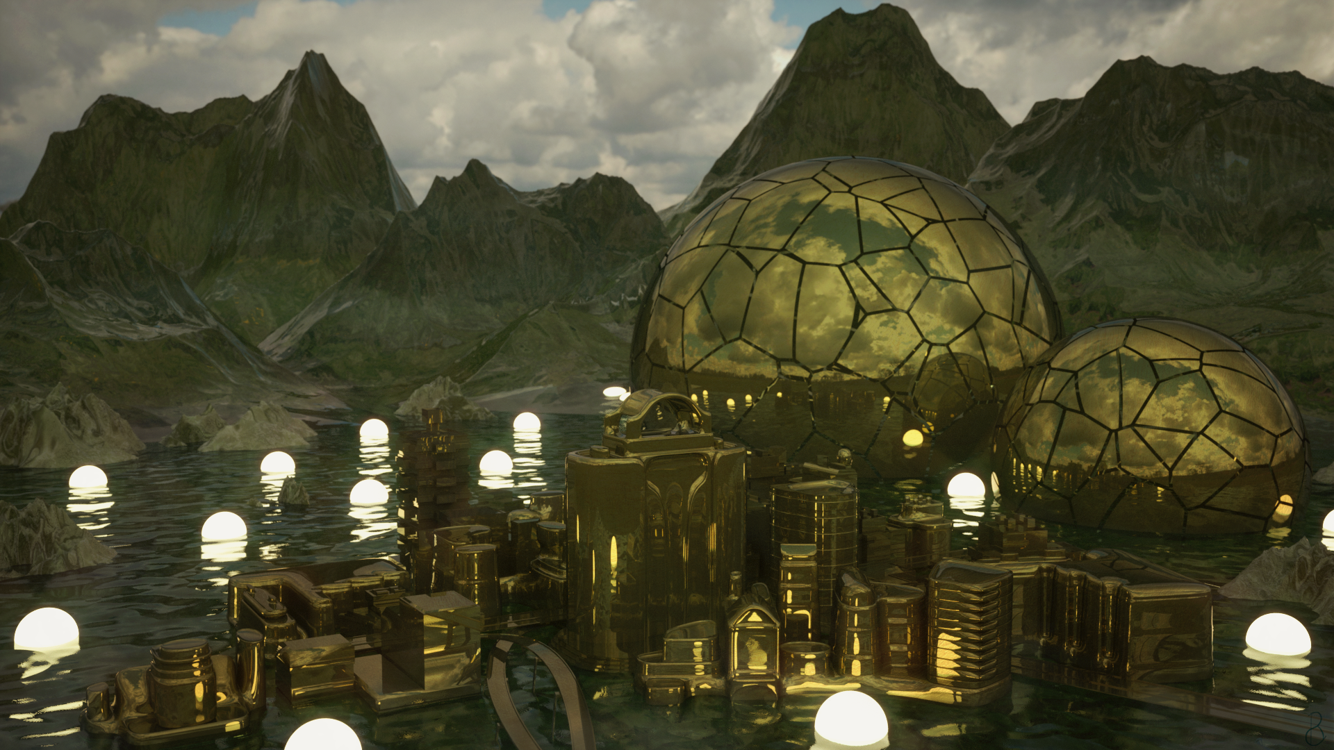 General 1920x1080 3D Abstract abstract water reflection glowing shining gold sphere landscape CGI mountains city