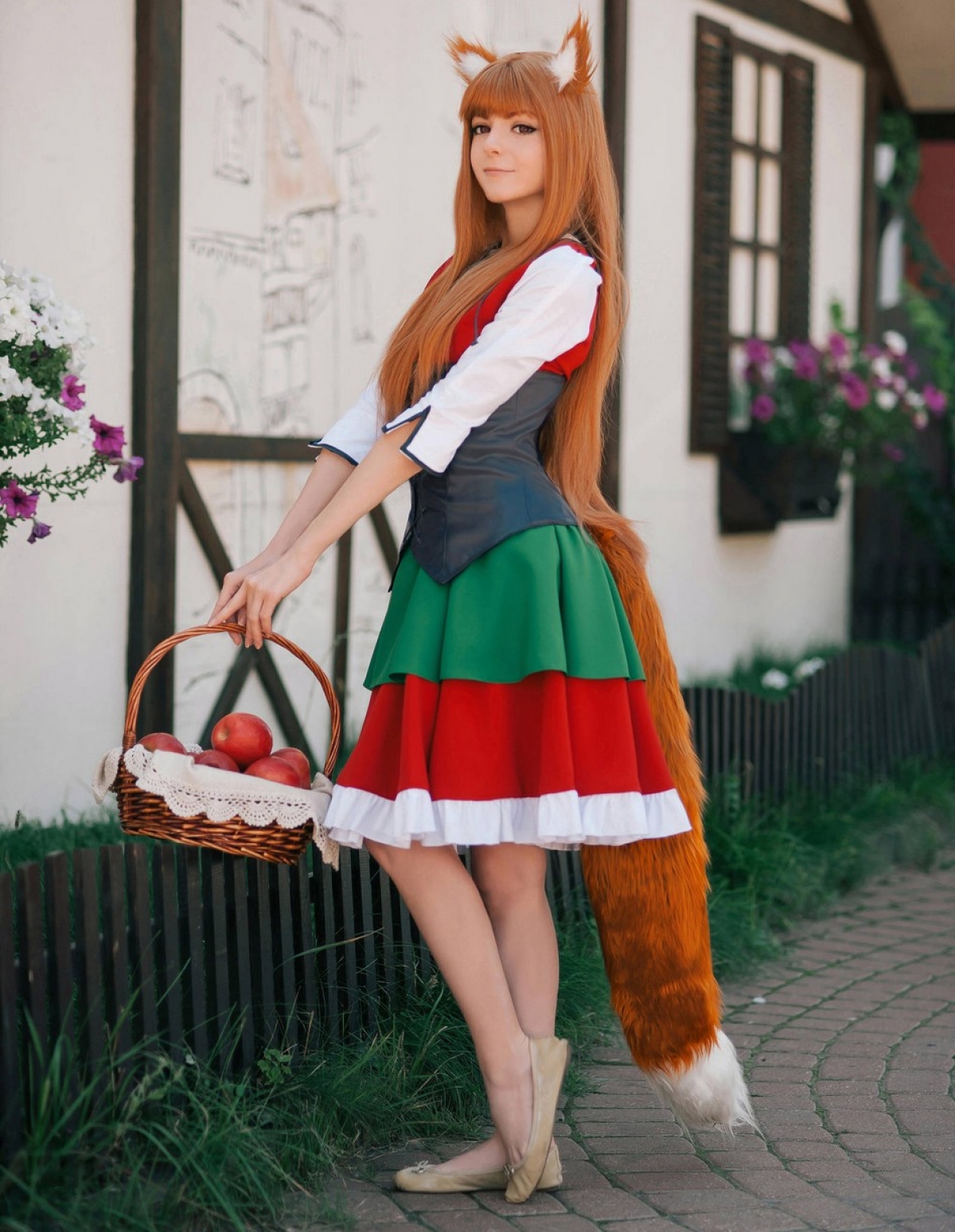People 1200x1548 women model redhead long hair baskets tail apples women outdoors skirt portrait display house sensual gaze cosplay Holo (Spice and Wolf) wolf girls