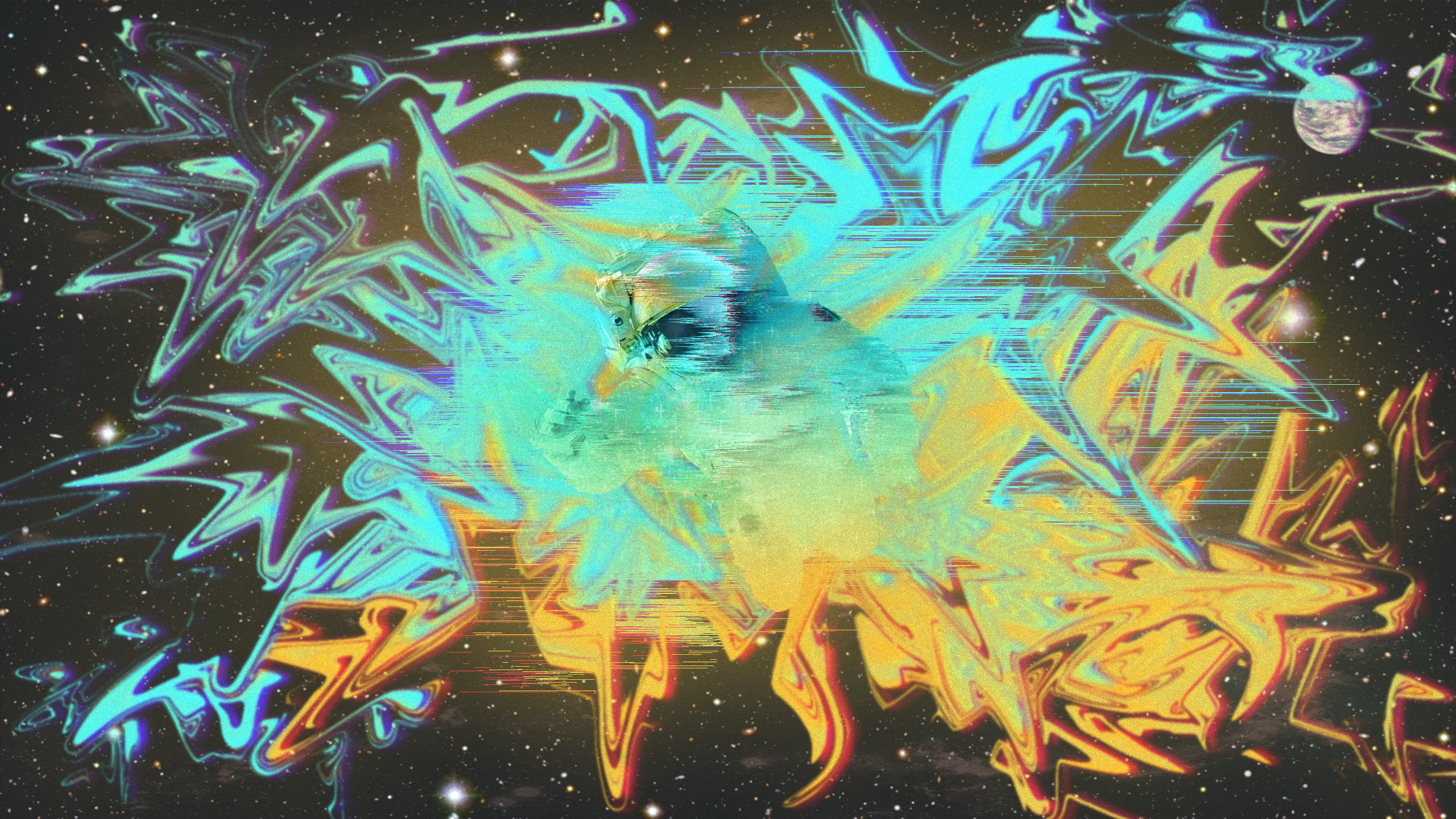 General 2560x1441 astronaut space yellow abstract blurred pixel sorting galaxy noise Earth RGB digital art space art stars surreal