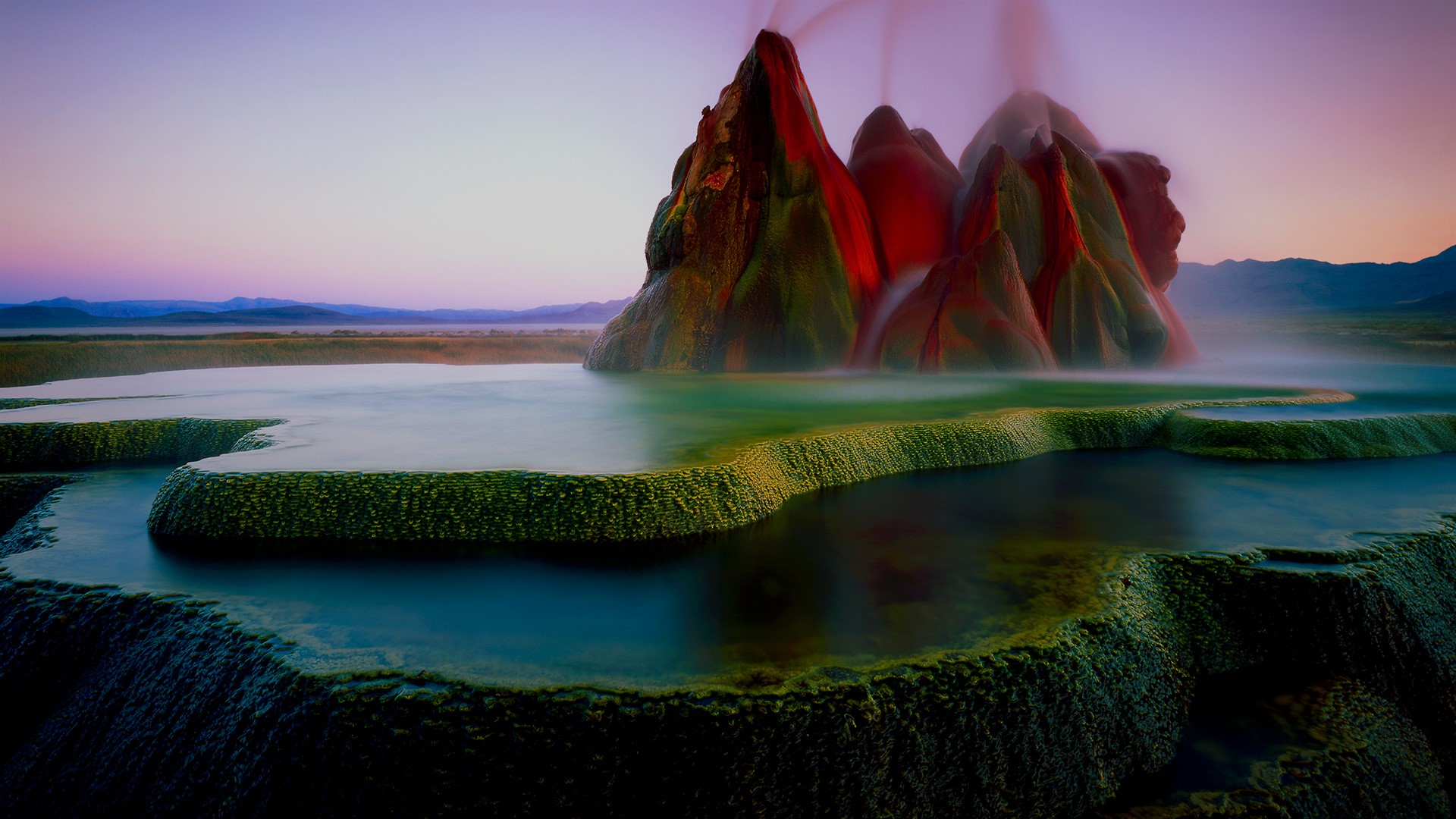 General 1920x1080 mountains nature landscape sky water moss rocks plants sunset Fly Geyser Nevada USA
