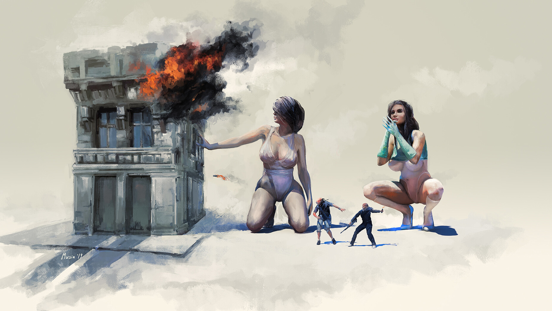 General 1920x1080 artwork digital art painting Anarchy  kneeling squatting big boobs fire