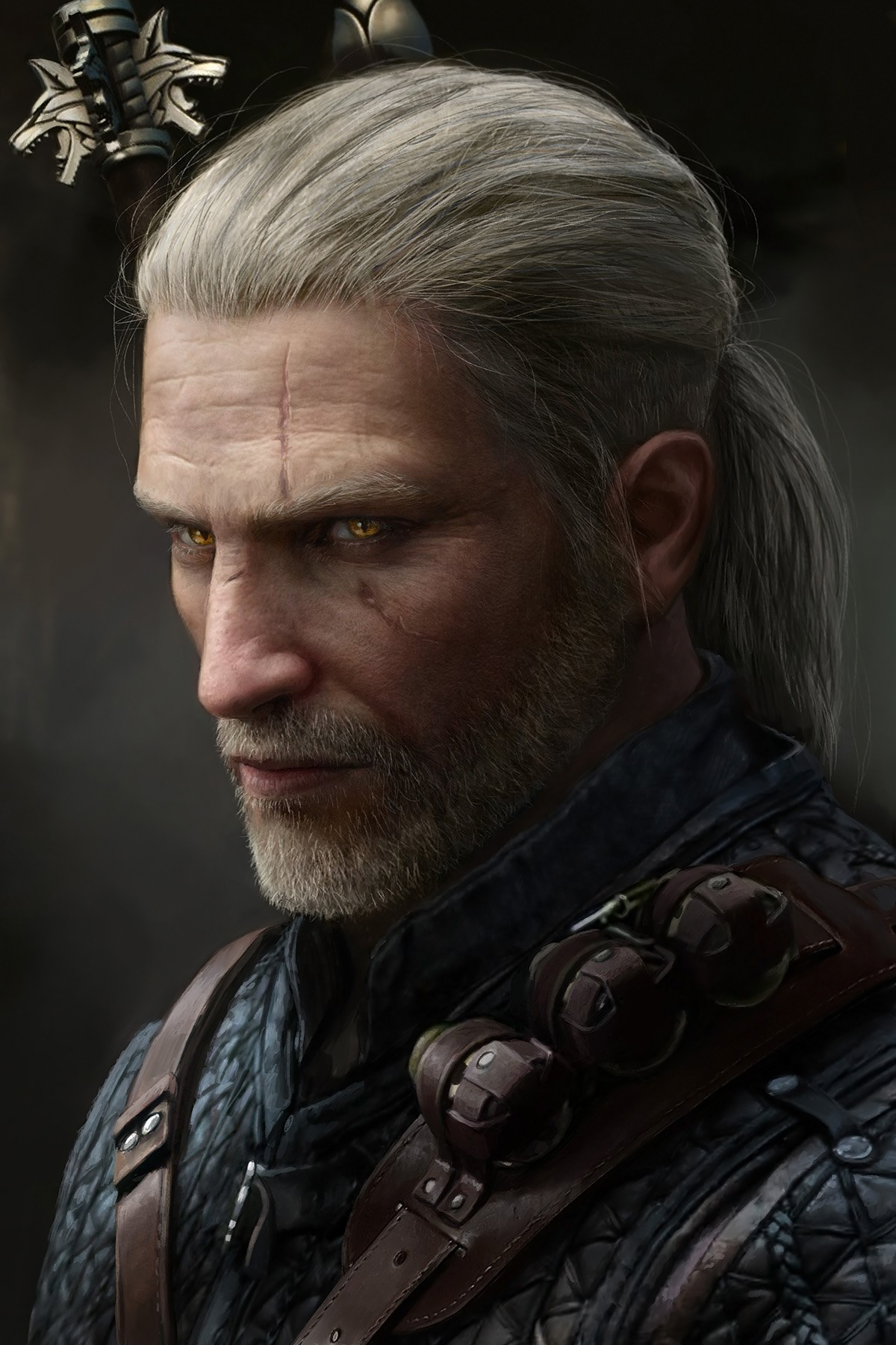 General 1200x1800 drawing The Witcher Geralt of Rivia men warrior silver hair long hair ponytail scars yellow eyes looking away beard armor portrait