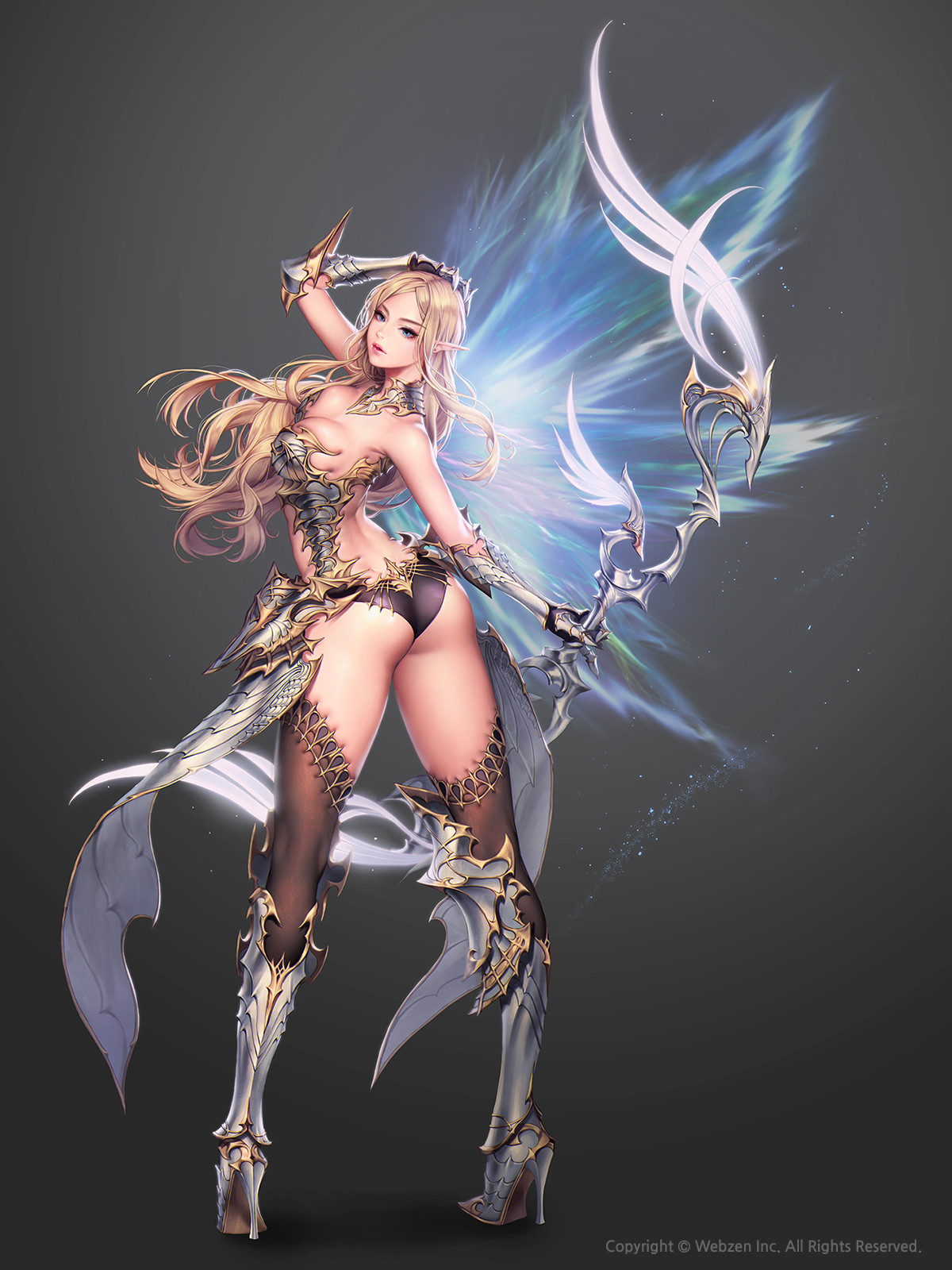 General 1200x1600 Lovecacao drawing women elves blonde long hair wind blue eyes armor gloves skimpy clothes thigh-highs ass high heels magic wings weapon bow archer sparks