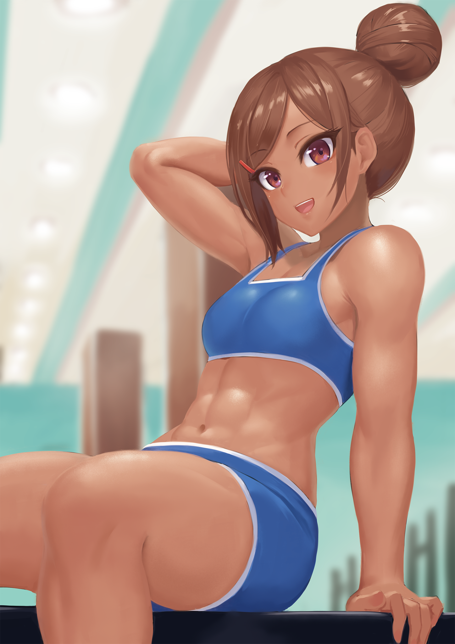 Anime 1447x2047 Dumbbell Nan Kilo Moteru? anime girls 2D long hair brunette biceps muscular 6 packs abs thighs small boobs sports bra looking at viewer gym clothes gyms brown eyes open mouth Uehara Ayaka vertical fan art low-angle ranma (kamenrideroz) belly button