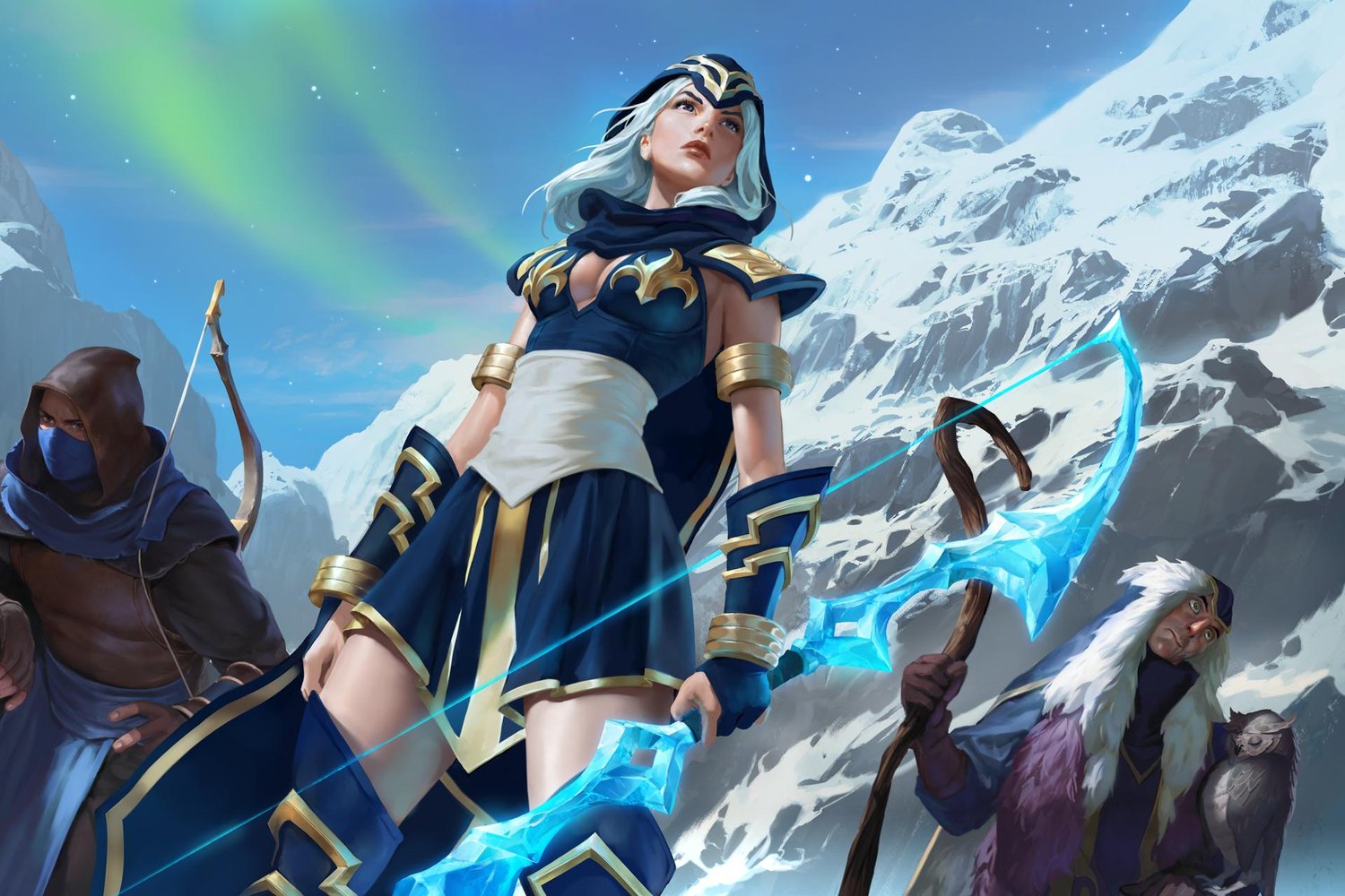 General 1500x1000 Legends of Runeterra Ashe (League of Legends) video games Riot Games video game characters sky video game art snow looking away standing hoods staff bow aurorae video game girls video game men thighs