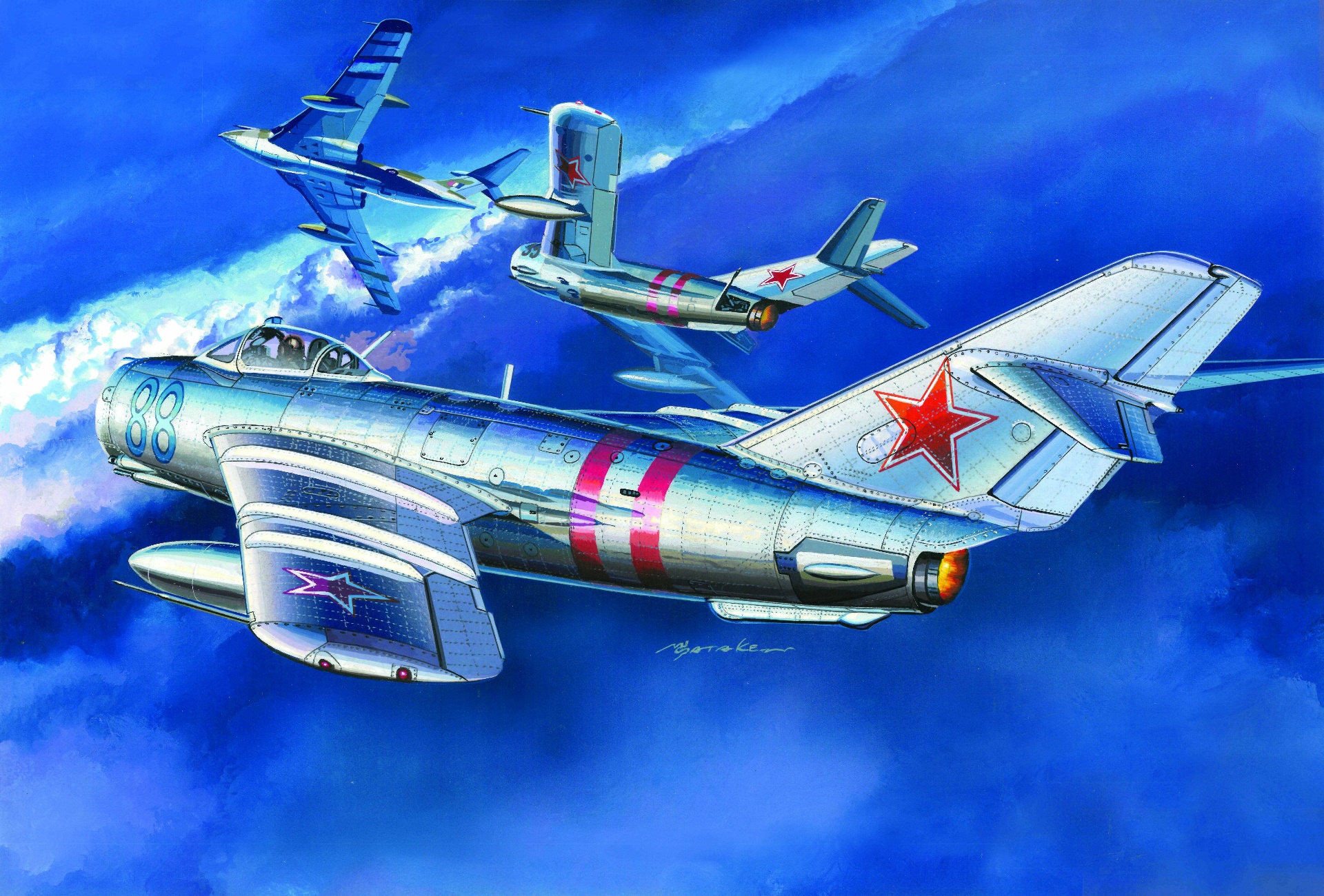 General 1920x1300 aircraft military military vehicle vehicle military aircraft artwork MiG 17 Masao Satake signature Boxart jet fighter flying clouds Soviet Air Forces