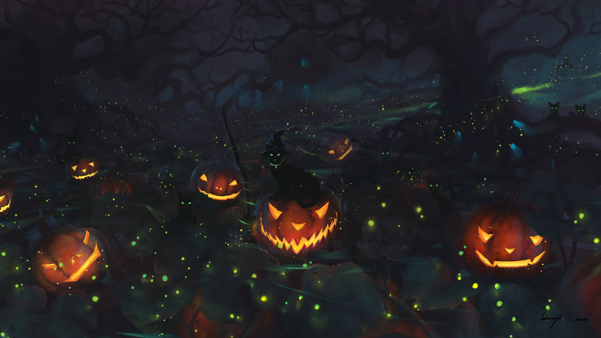 General 1920x1080 BisBiswas black cats cats Halloween pumpkin Jack O' Lantern forest fireflies