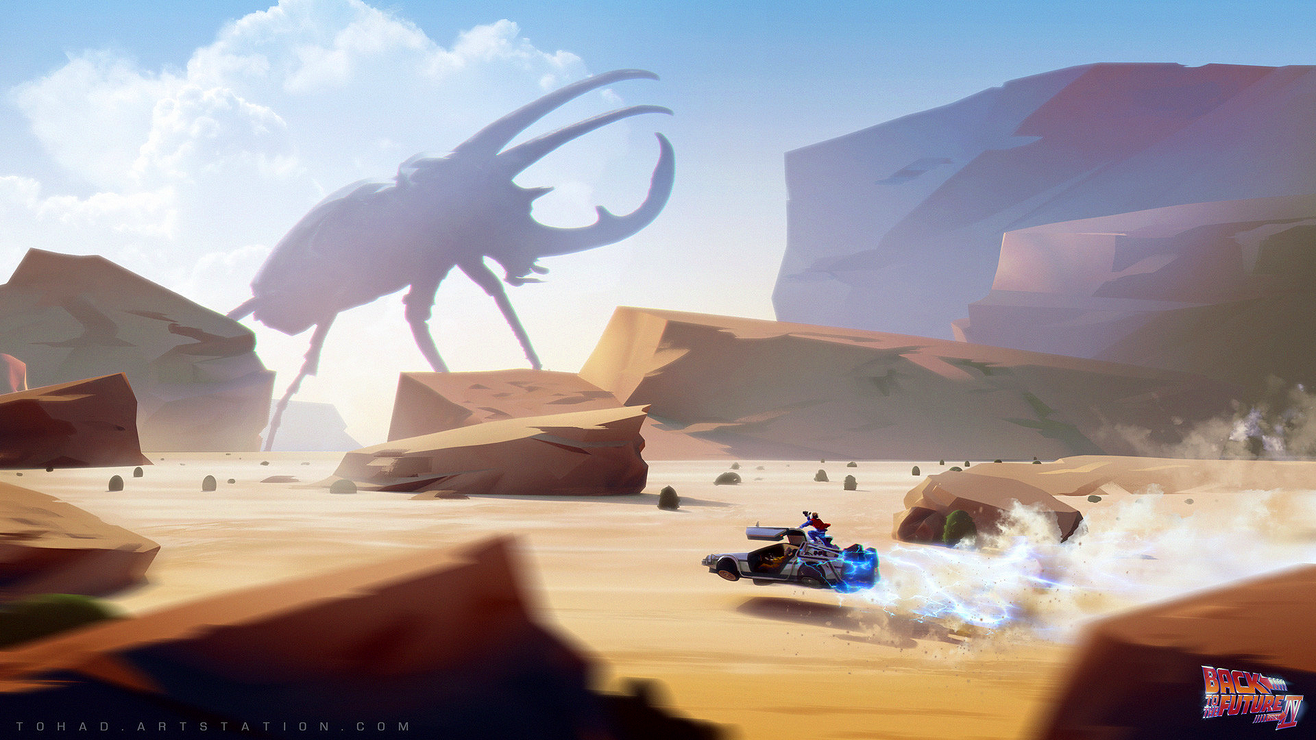 General 1920x1080 Sylvain Sarrailh giant creature insect Back to the Future flying car DeLorean lightning beetles desert digital art