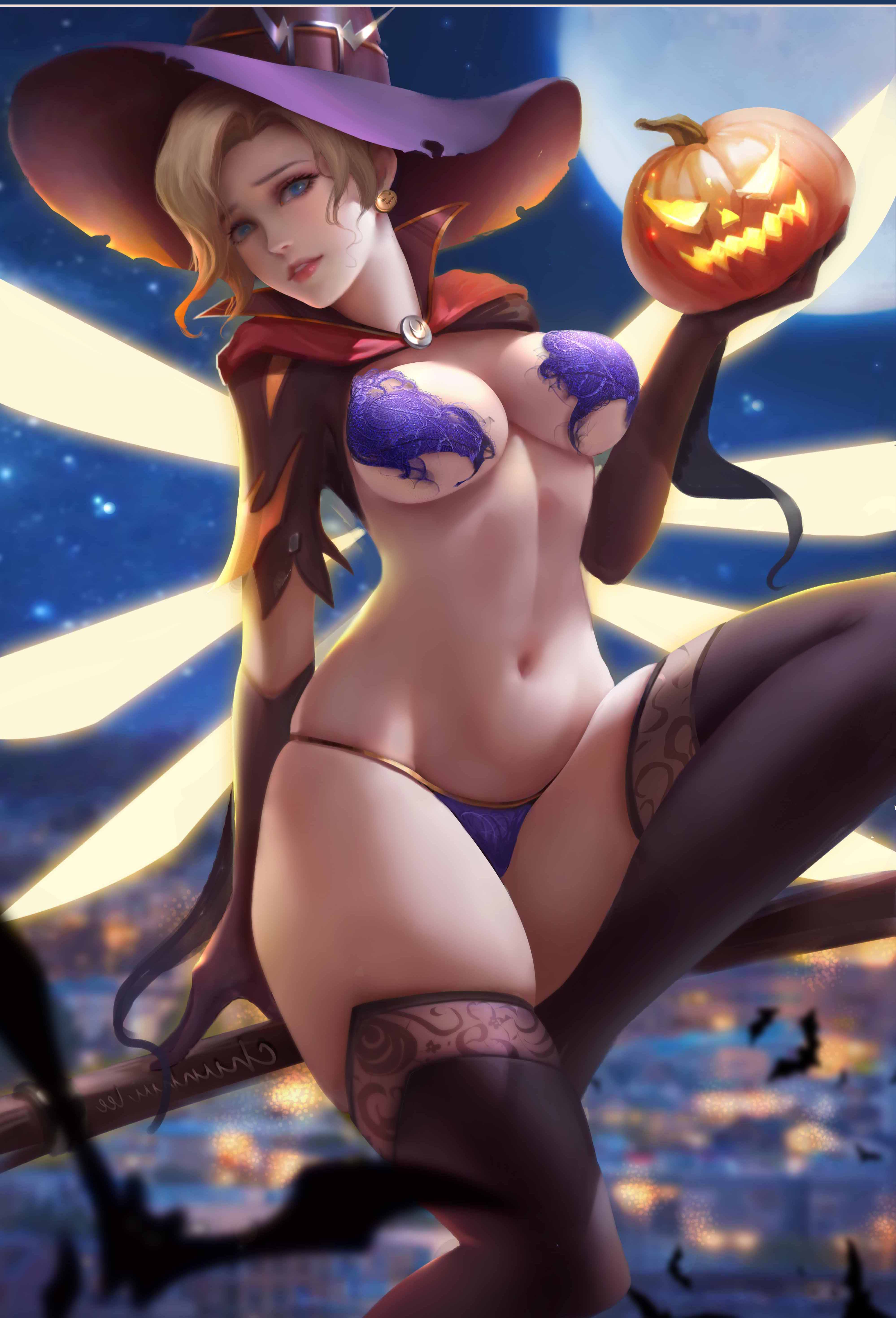 Anime 3996x5877 cleavage Halloween witch witch hat Overwatch bra Mercy (Overwatch) panties thigh-highs wings CHUNHWEILEE