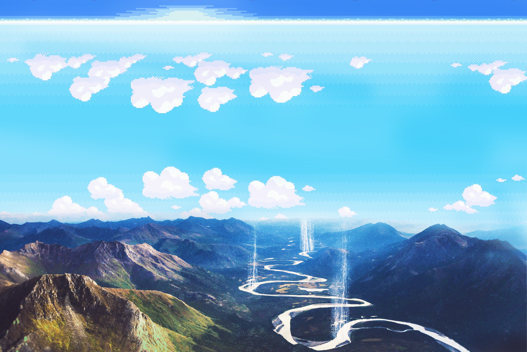 General 2200x1468 mountains sky 8-bit 16-bit Gravity landscape Pokémon cyan