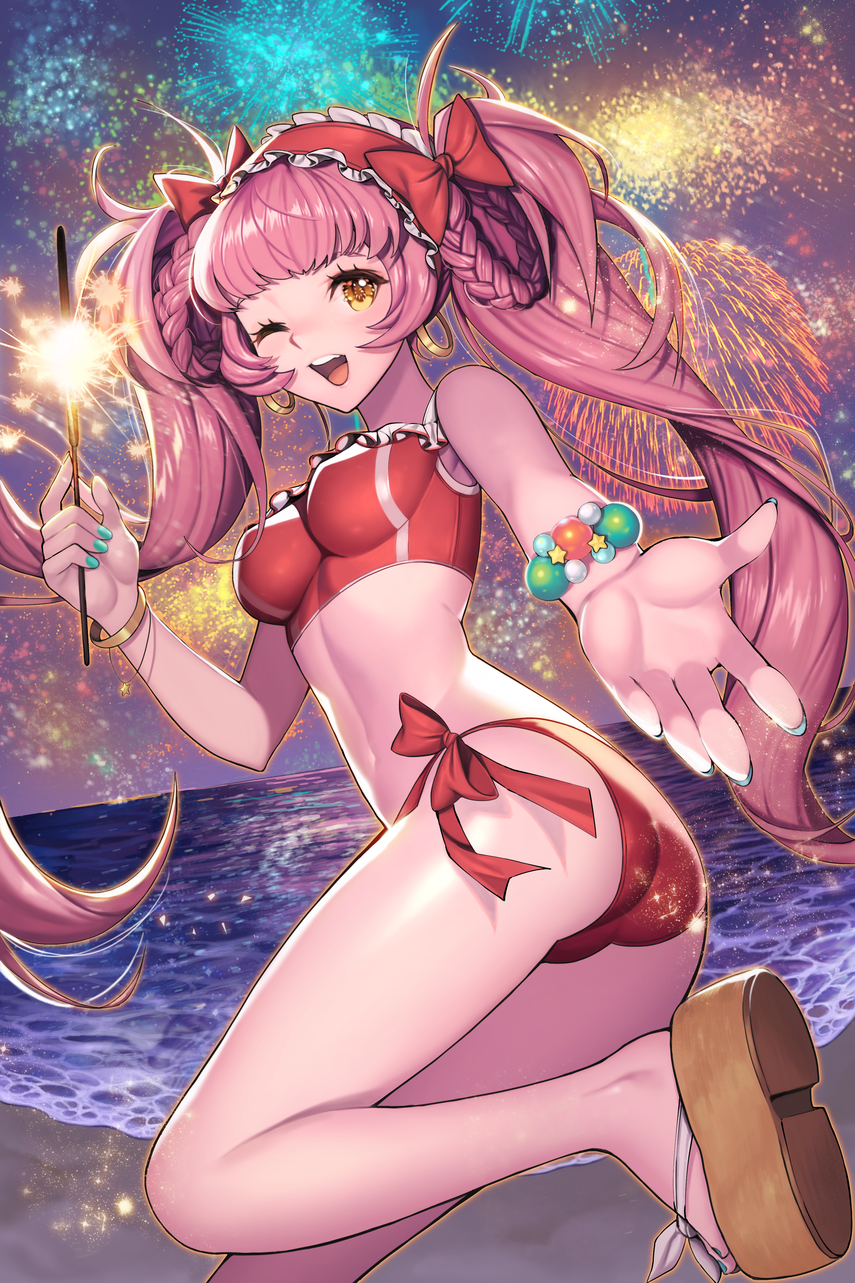Anime 3000x4500 bikini fireworks pink hair beach low-angle long hair looking at viewer boobs one eye closed wink blue nails red bikini