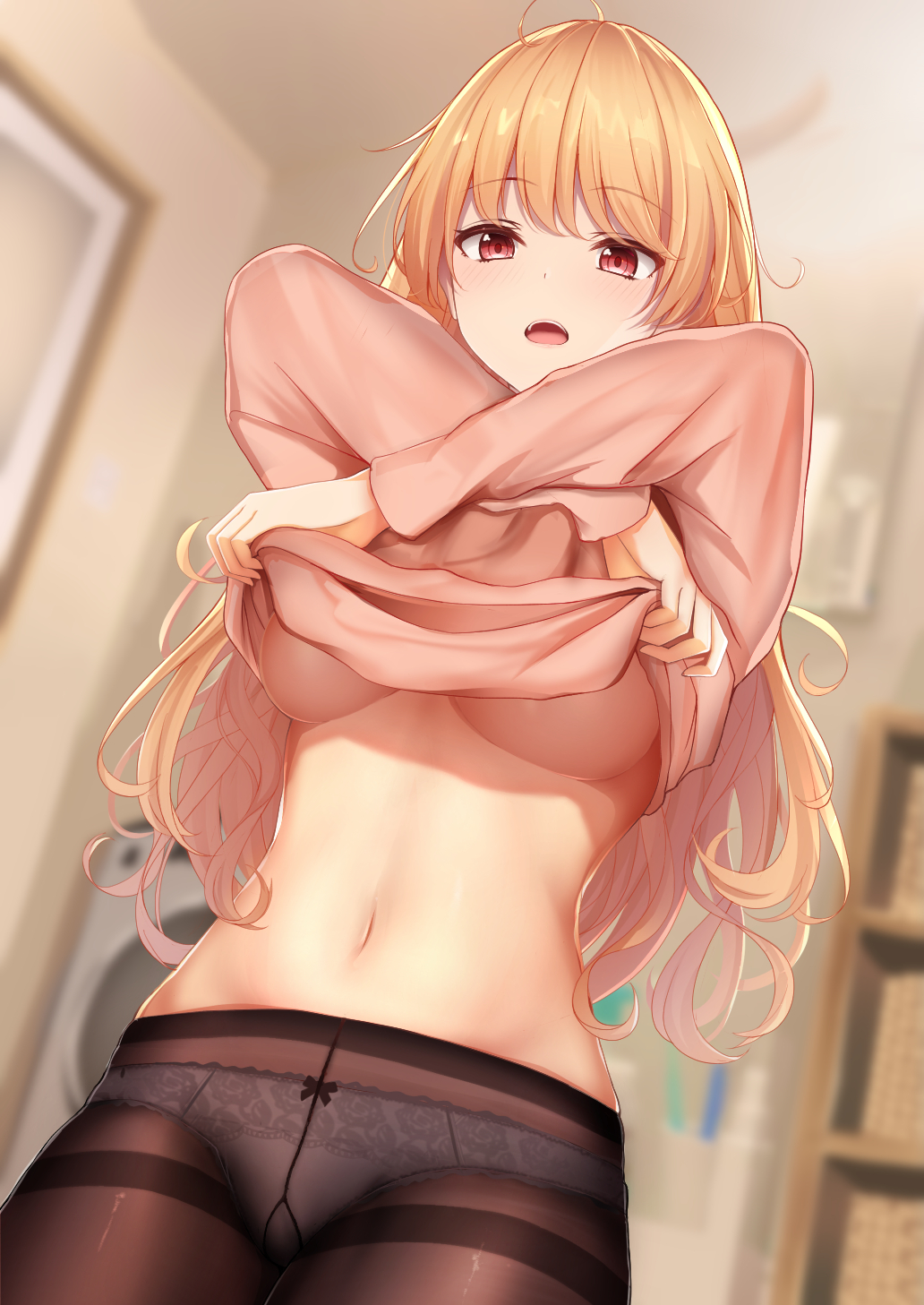 Anime 1032x1457 anime anime girls pantyhose blonde undressing red eyes indoors belly panties underboob no bra Karu artwork lifting shirt