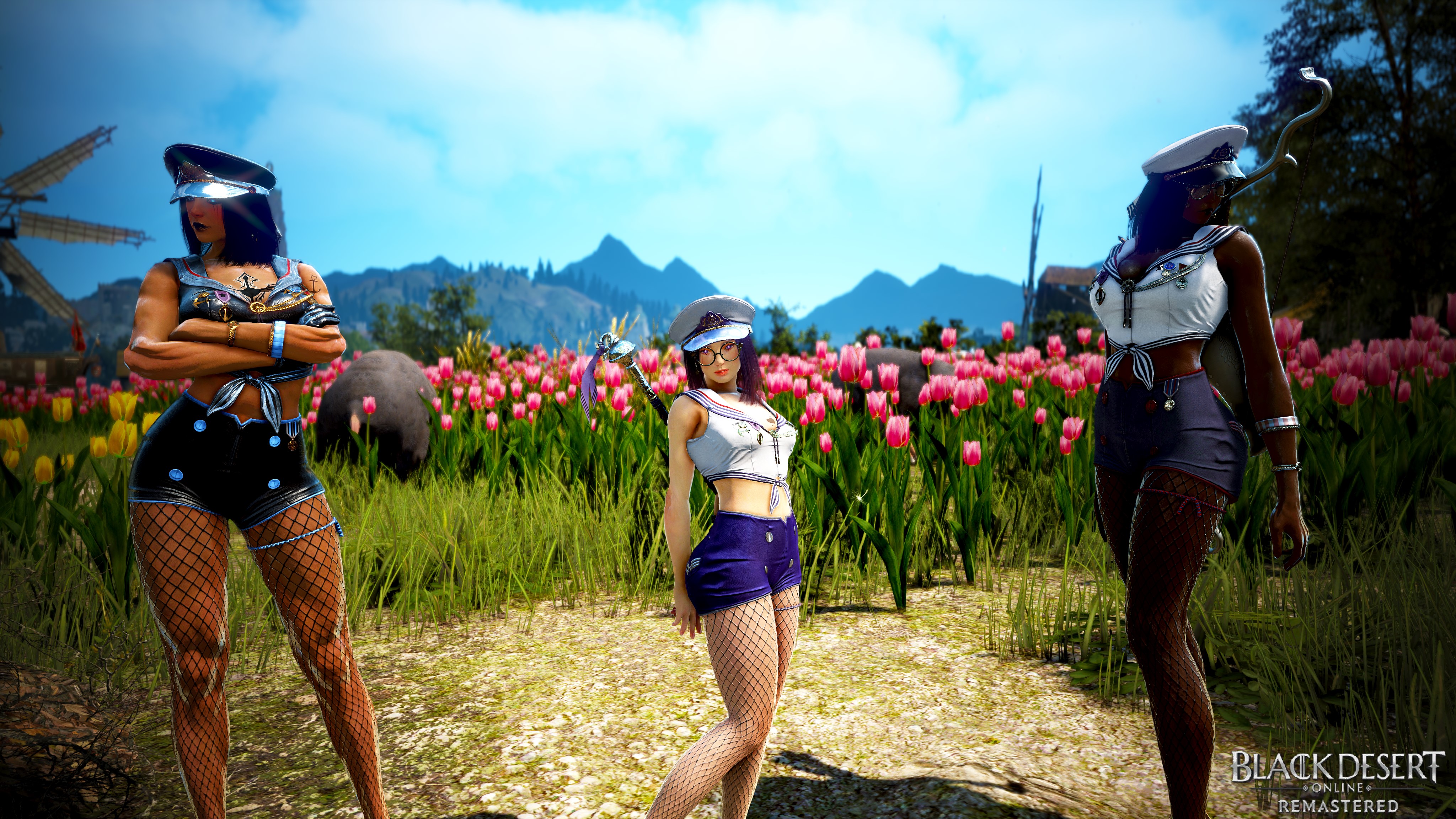 General 4096x2304 Black Desert Online video game art video game characters video game girls screen shot tulips rose landscape navy thighs thigh high socks cleavage curvy stockings fantasy girl fantasy art