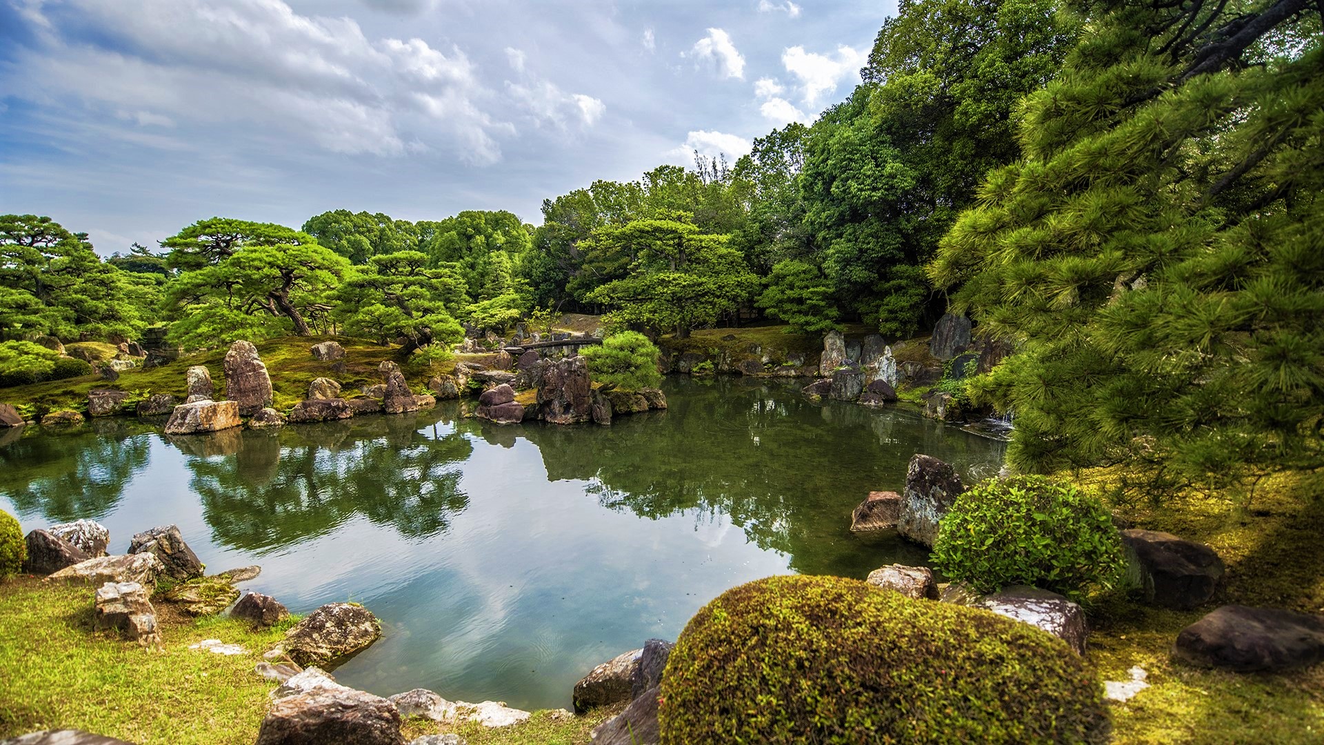 General 1920x1080 nature landscape trees plants rocks water water ripples clouds sky grass pond garden Kyoto Japan bonsai Asia reflection