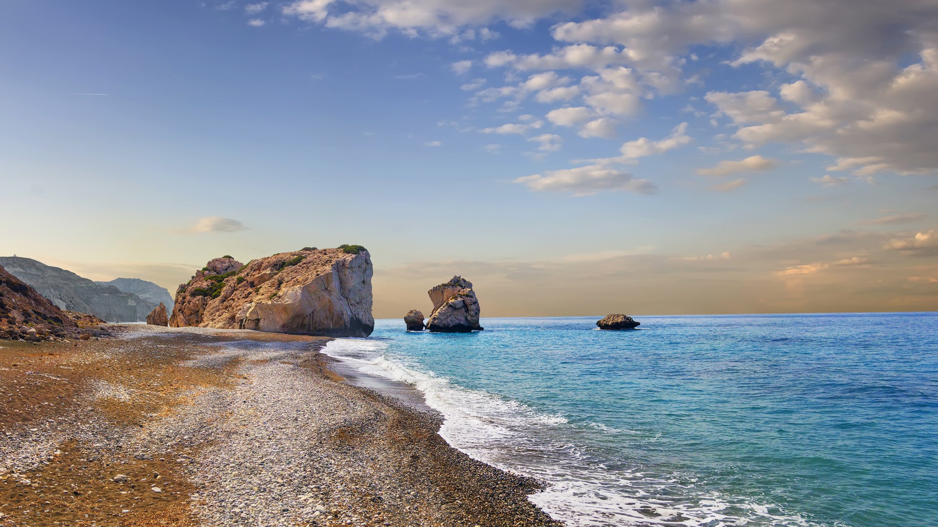 General 1920x1080 nature landscape beach rocks sand sea coast water horizon Petra tou Romiou clouds sky Cyprus