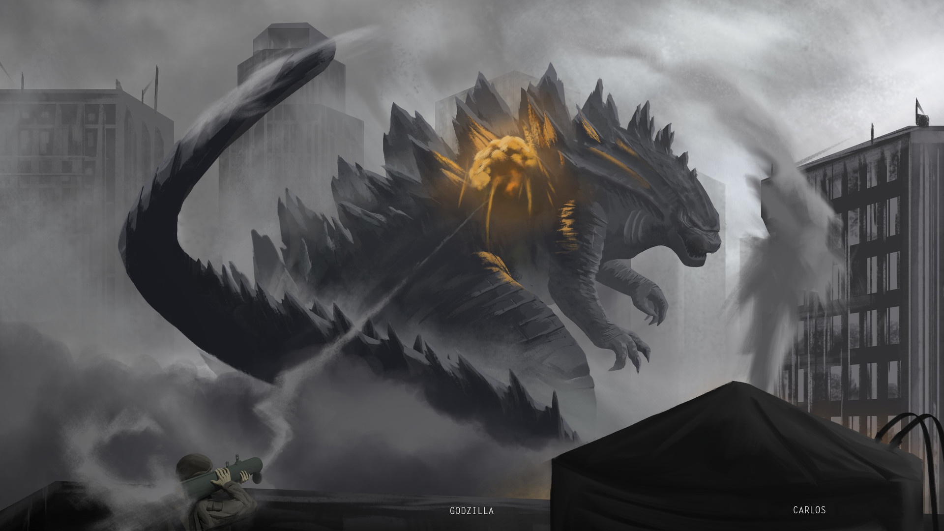 General 1920x1080 Carlos Alan creature Godzilla digital art caption watermarked kaiju text building spikes claws tail rocket launchers weapon lying down lying on front open mouth pointy teeth smoke