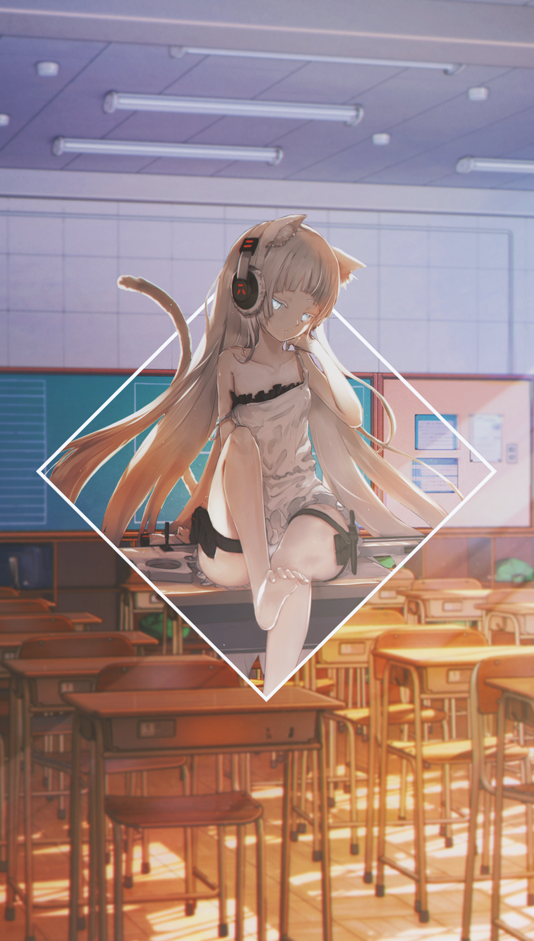 Anime 1080x1902 anime anime girls picture-in-picture headphones school animal ears barefoot