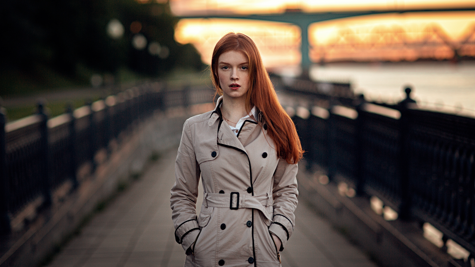 People 2000x1125 women model redhead looking at viewer portrait outdoors coats sunset depth of field necklace freckles women outdoors trench coat hands in pockets Aleksandr Kurennoi frontal view Weronica