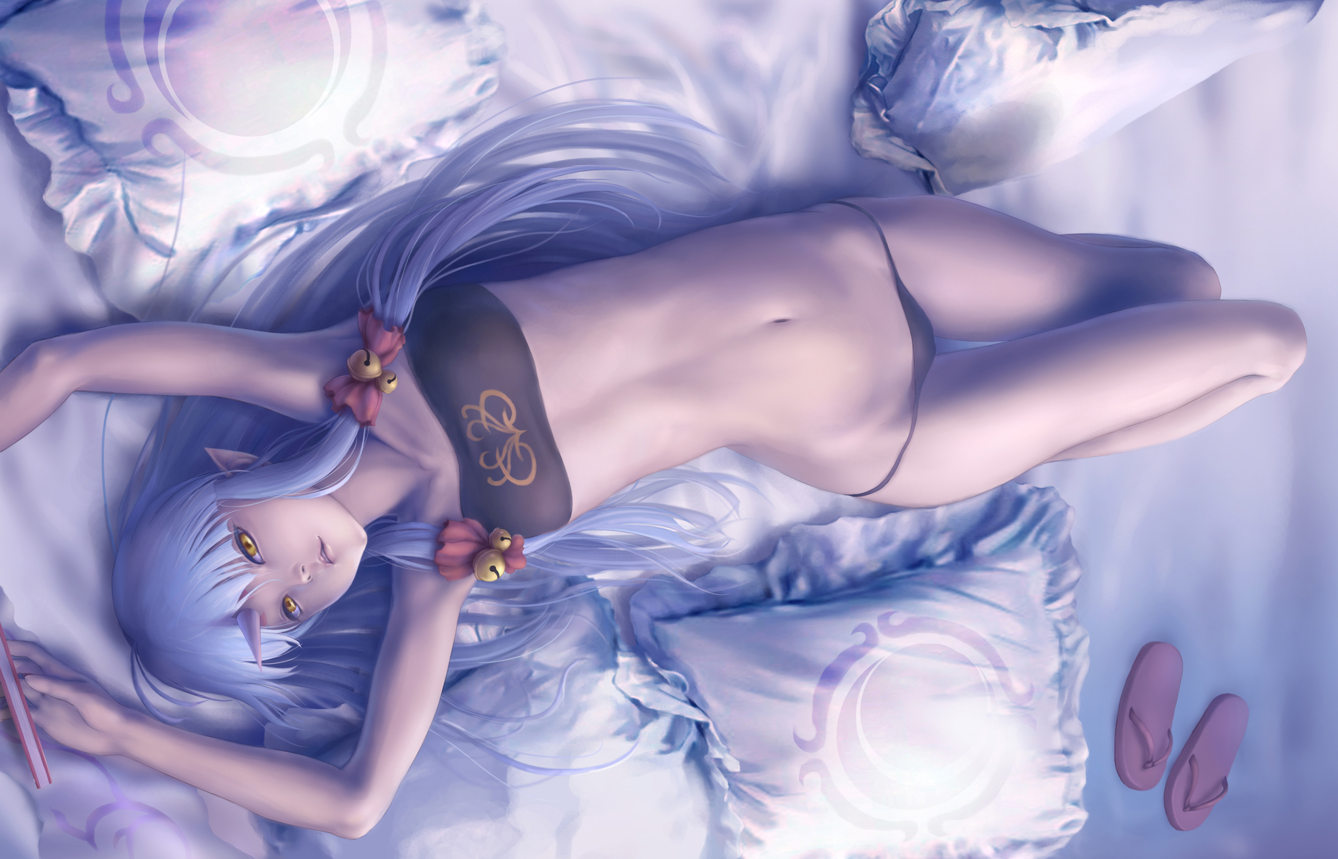 Anime 2689x1727 anime girls Super Robot Taisen Suzuka Hime video games lying down bed long hair blue hair horns pillow bells pointy ears belly button lingerie panties Nyarko