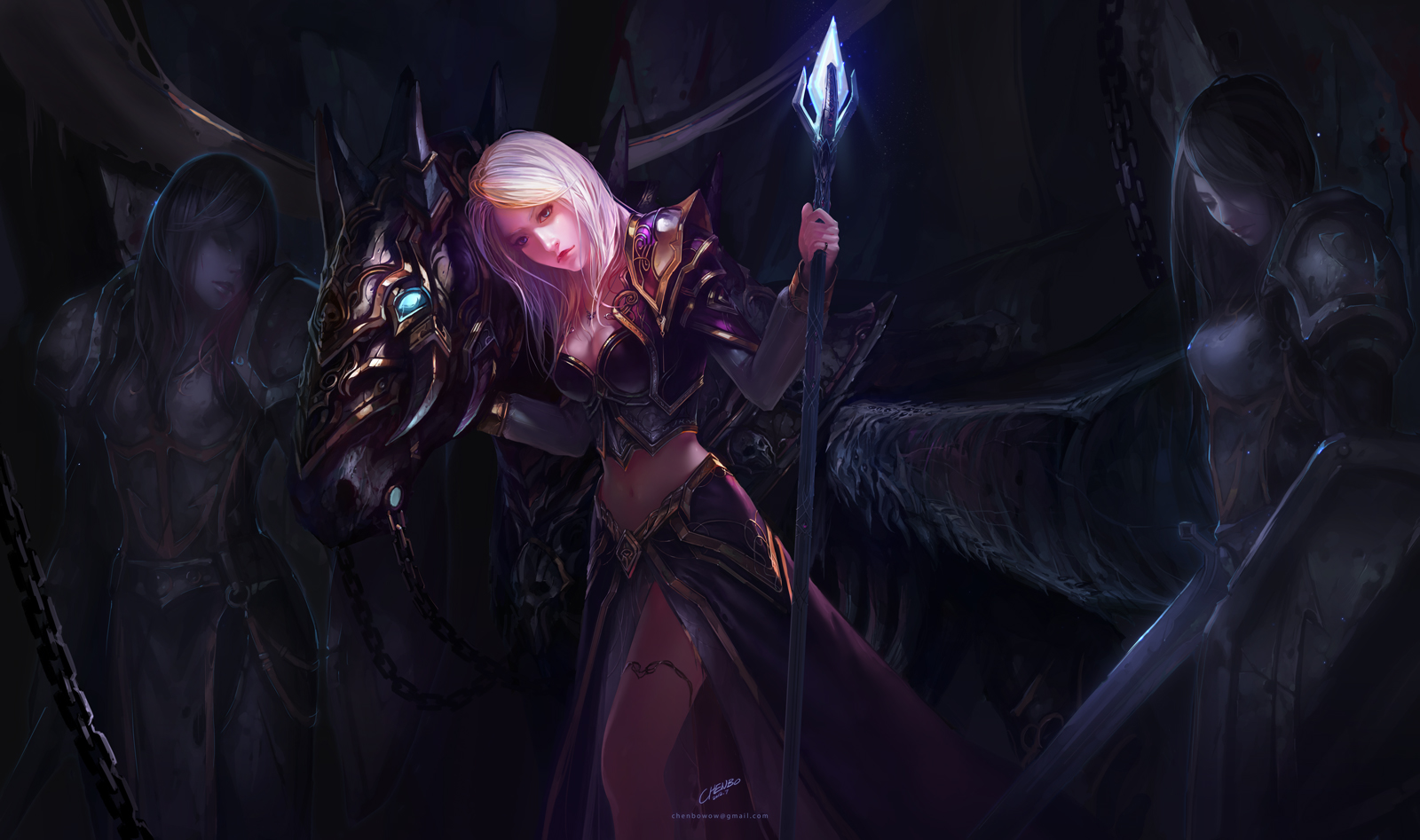 General 1600x947 Chenbo fantasy art fantasy girl armor Warcraft World of Warcraft Jaina Proudmoore weapon long hair blonde cleavage chains horse dress jewelry belly button necklace Pegasus shield sword staff white hair