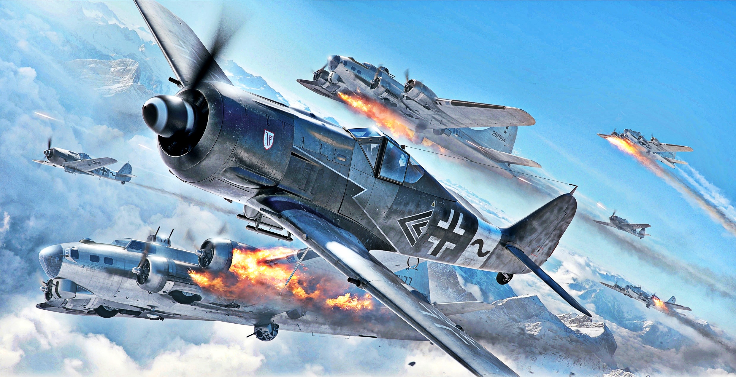 General 2480x1272 artwork aircraft military aircraft war military Focke-Wulf Fw 190 Boeing B-17 Flying Fortress American aircraft smoke clouds German aircraft dogfight fire flying