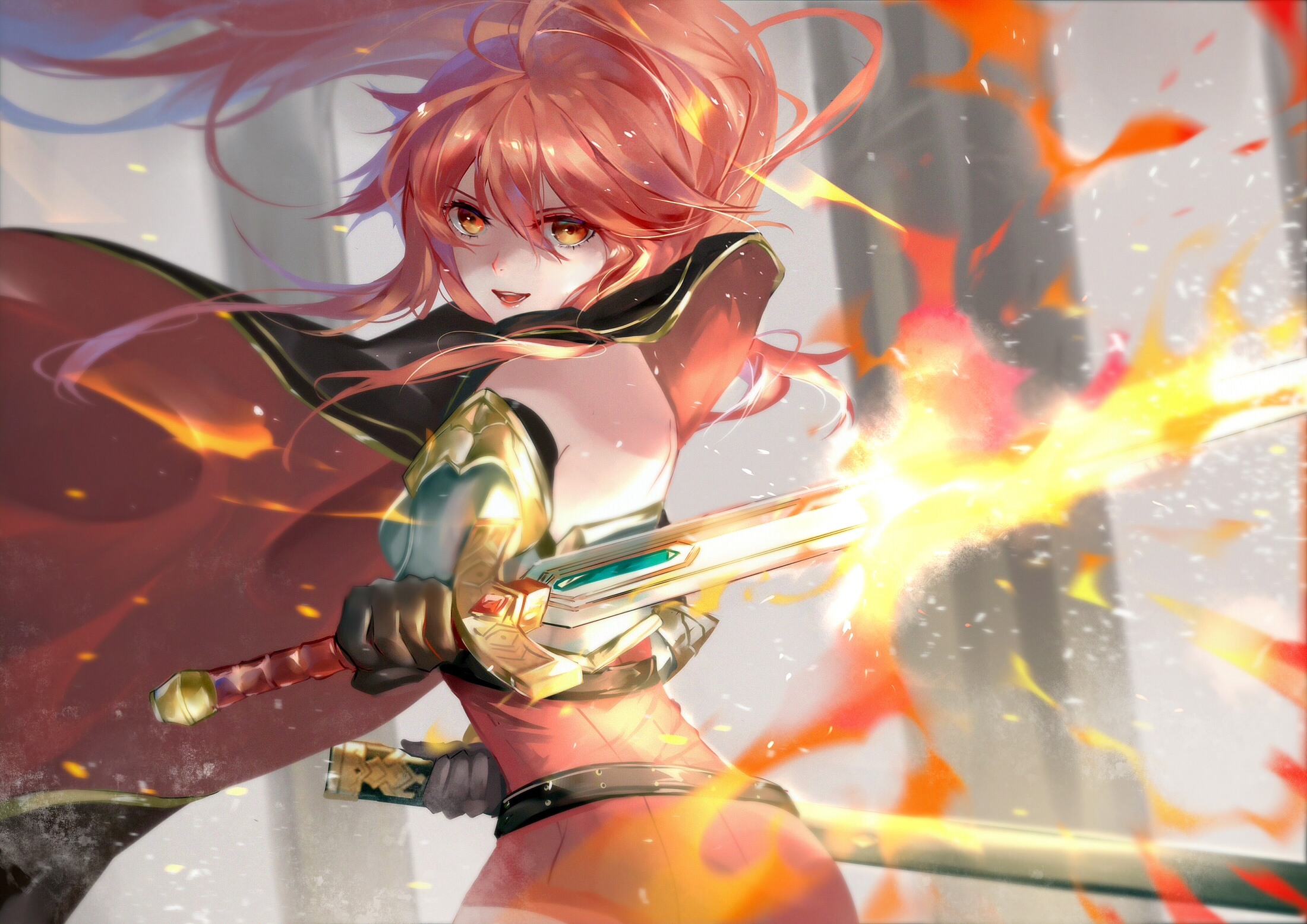 Anime 2200x1555 Epic Seven video game characters video game girls anime girls women redhead long hair red eyes looking at viewer dress sword weapon fire cape depth of field sparks video games fan art artwork drawing illustration digital art 2D Vardan anime